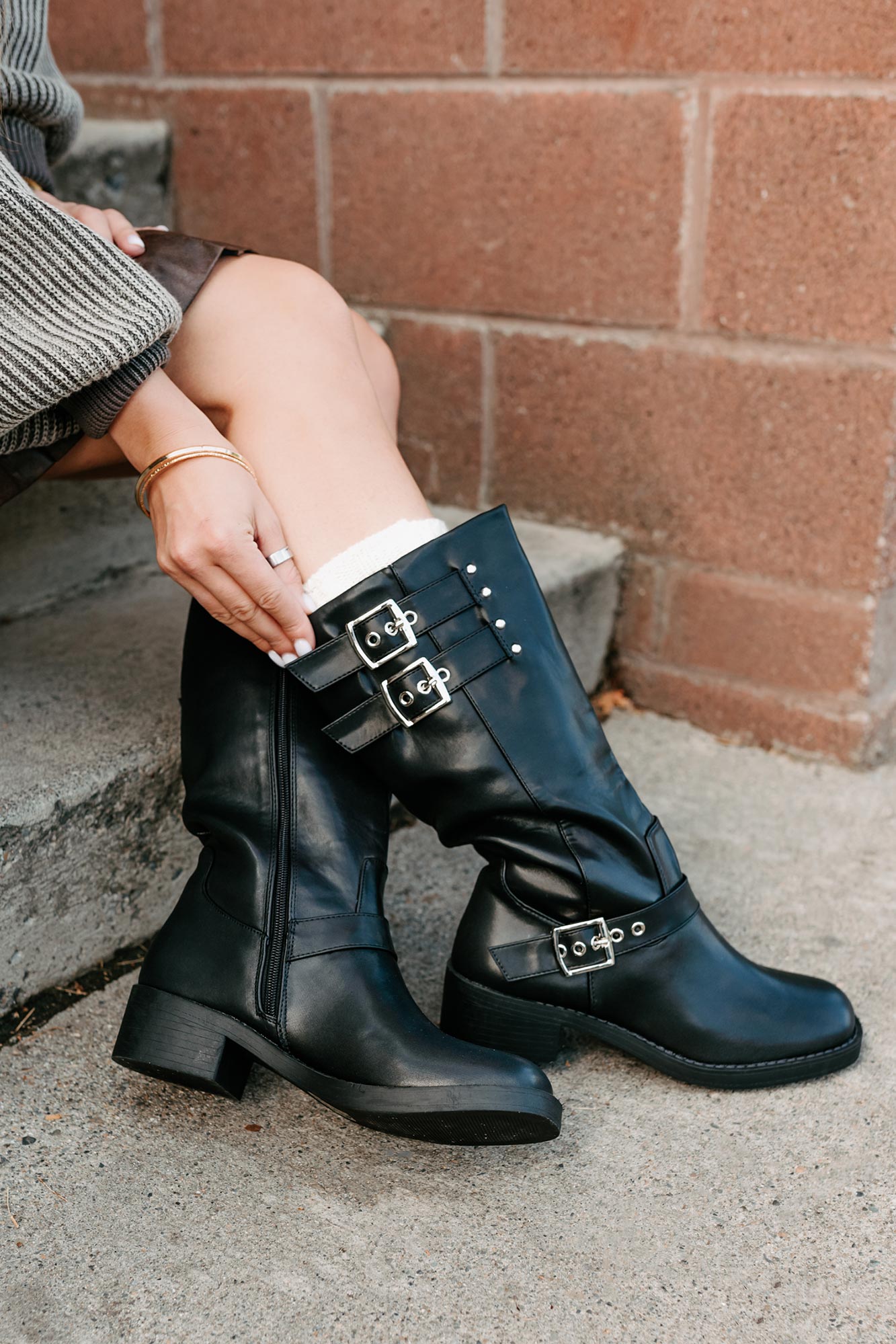 Your Move Now Faux Leather Buckle Boots (Black)