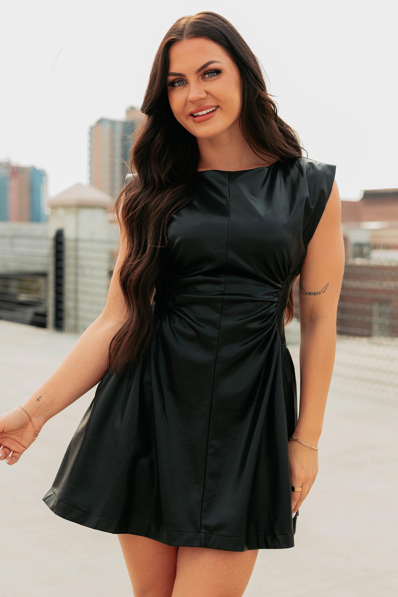 Quietly Confident Faux Leather Mini Dress (Black)