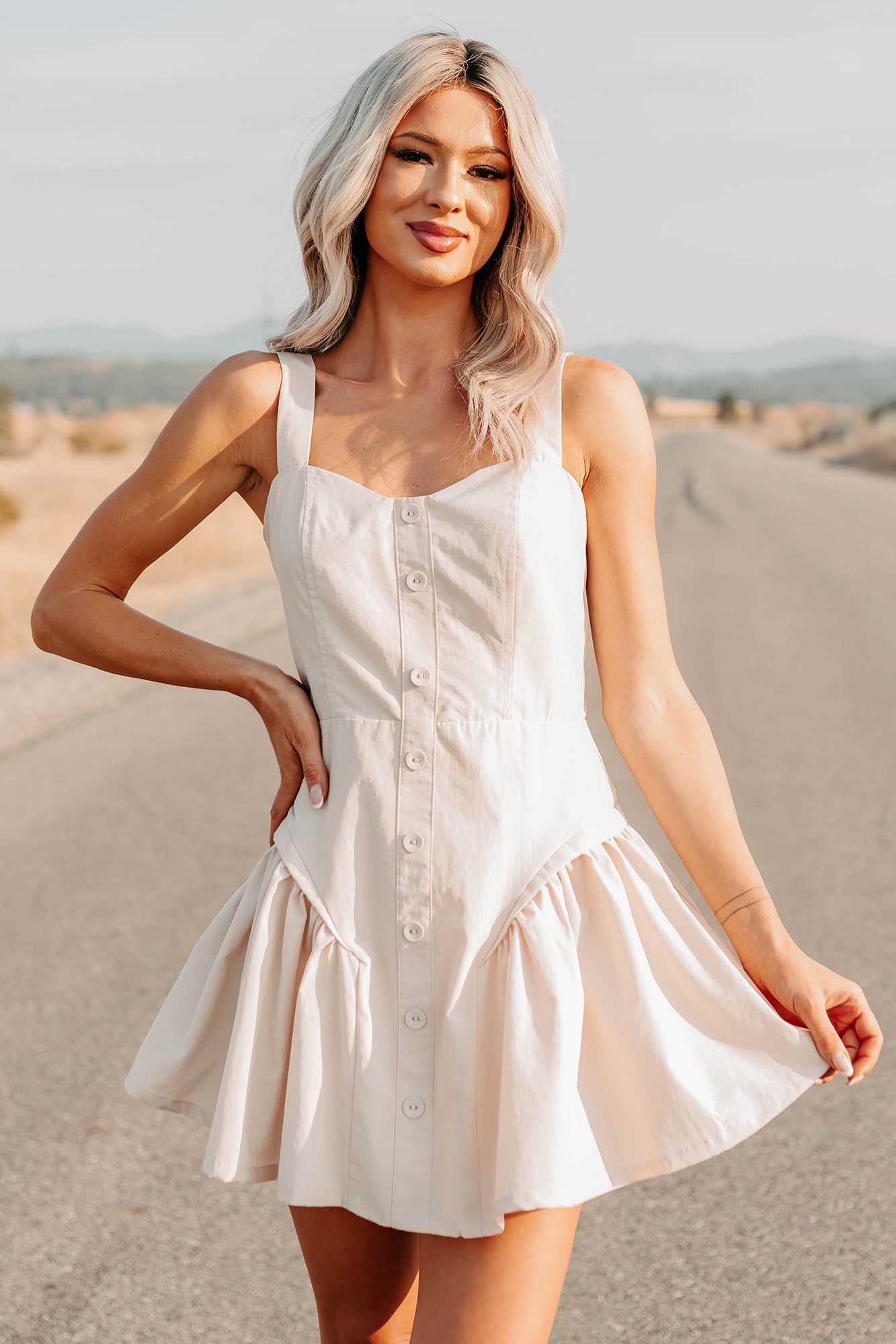 One More Night Sleeveless Faux Button Mini Dress (Beige)