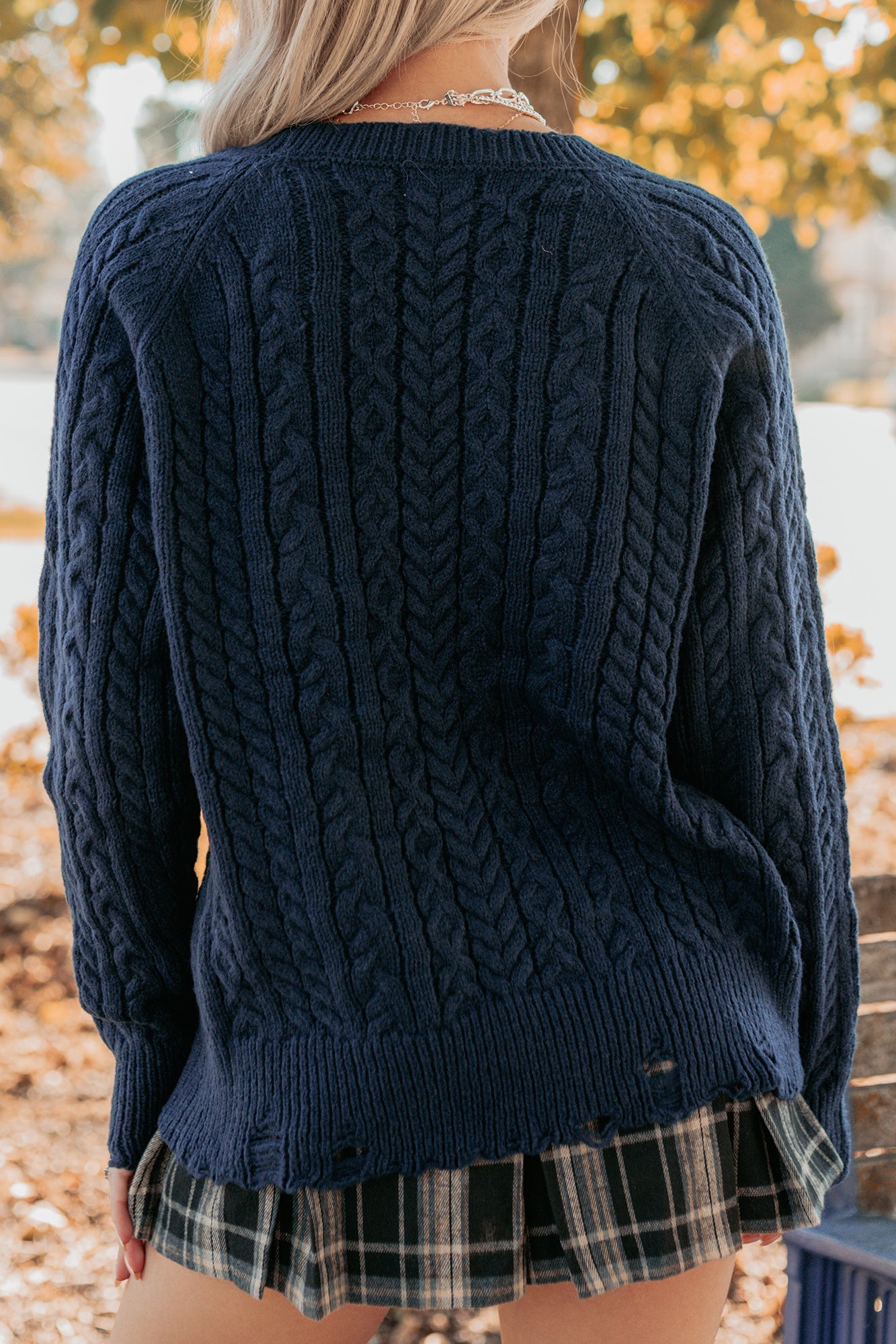 Wild Grace Distressed Hem Flag Cable Knit Sweater (Navy)