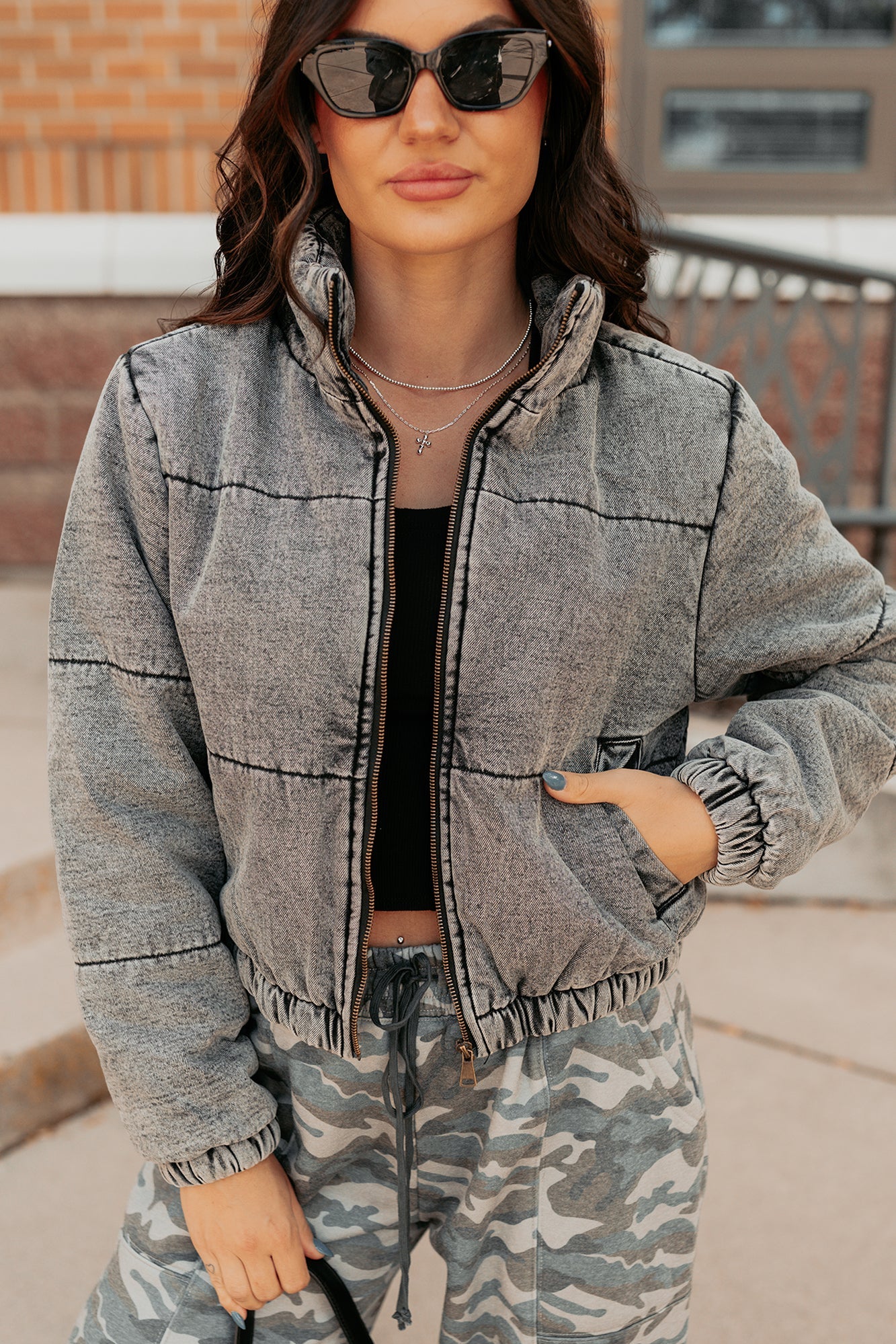 Warm Refuge Denim Cropped Puffer Jacket (Black)