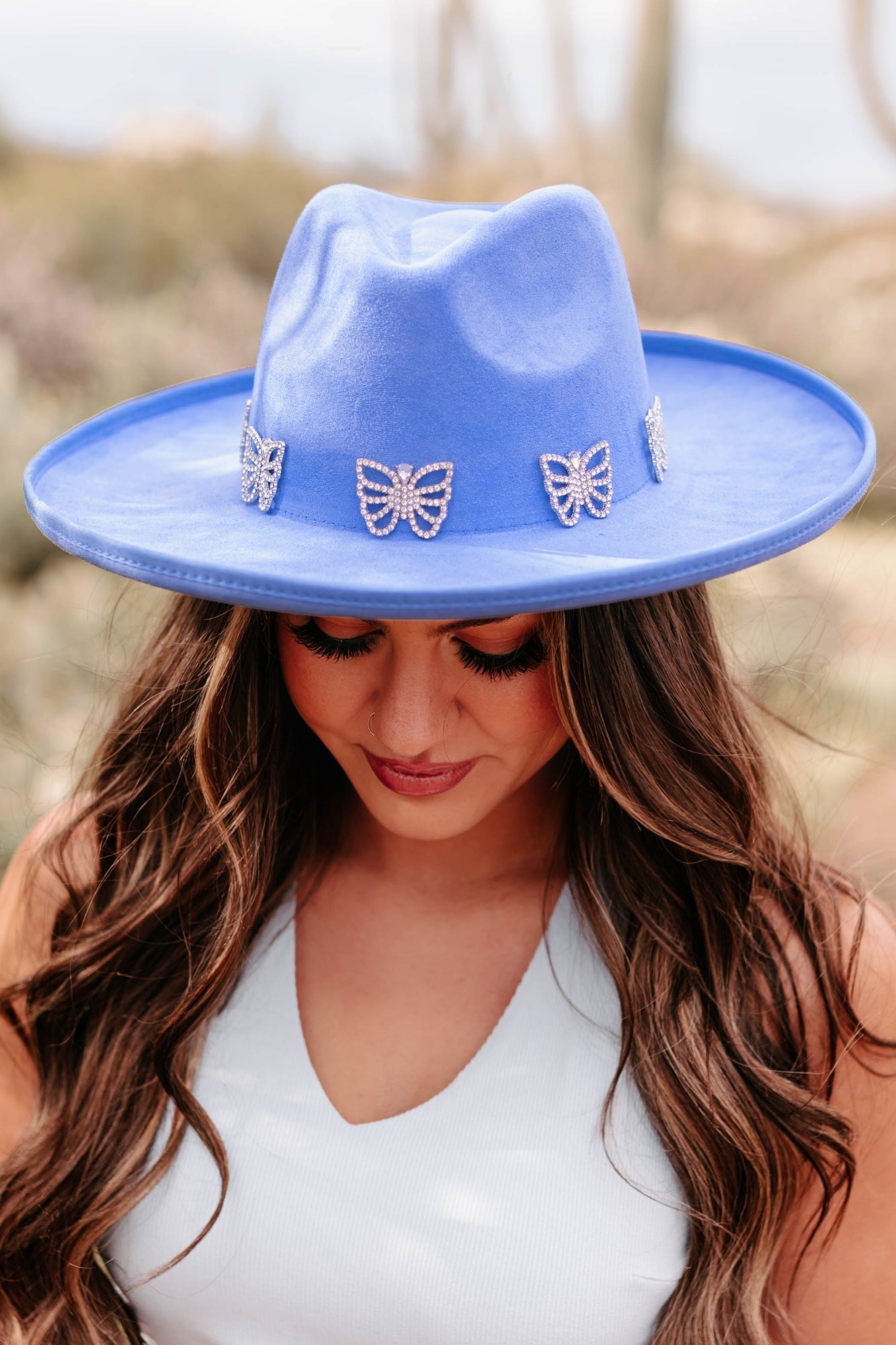 Where Beauty Reigns Rhinestone Butterfly Pencil Brim Hat (Blue)