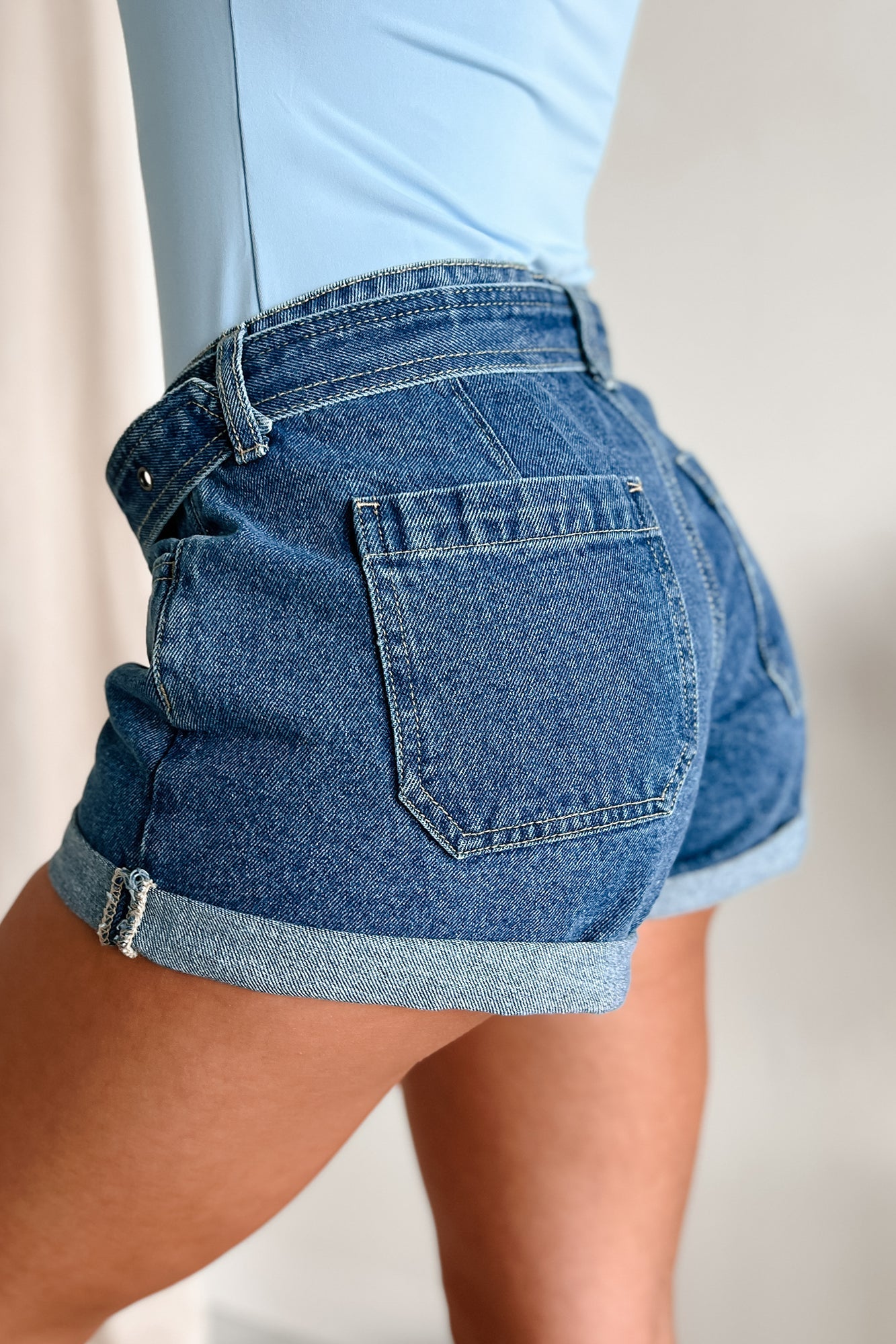 Valerie Low Rise Cuff Hem Cello Denim Shorts (Medium Denim)
