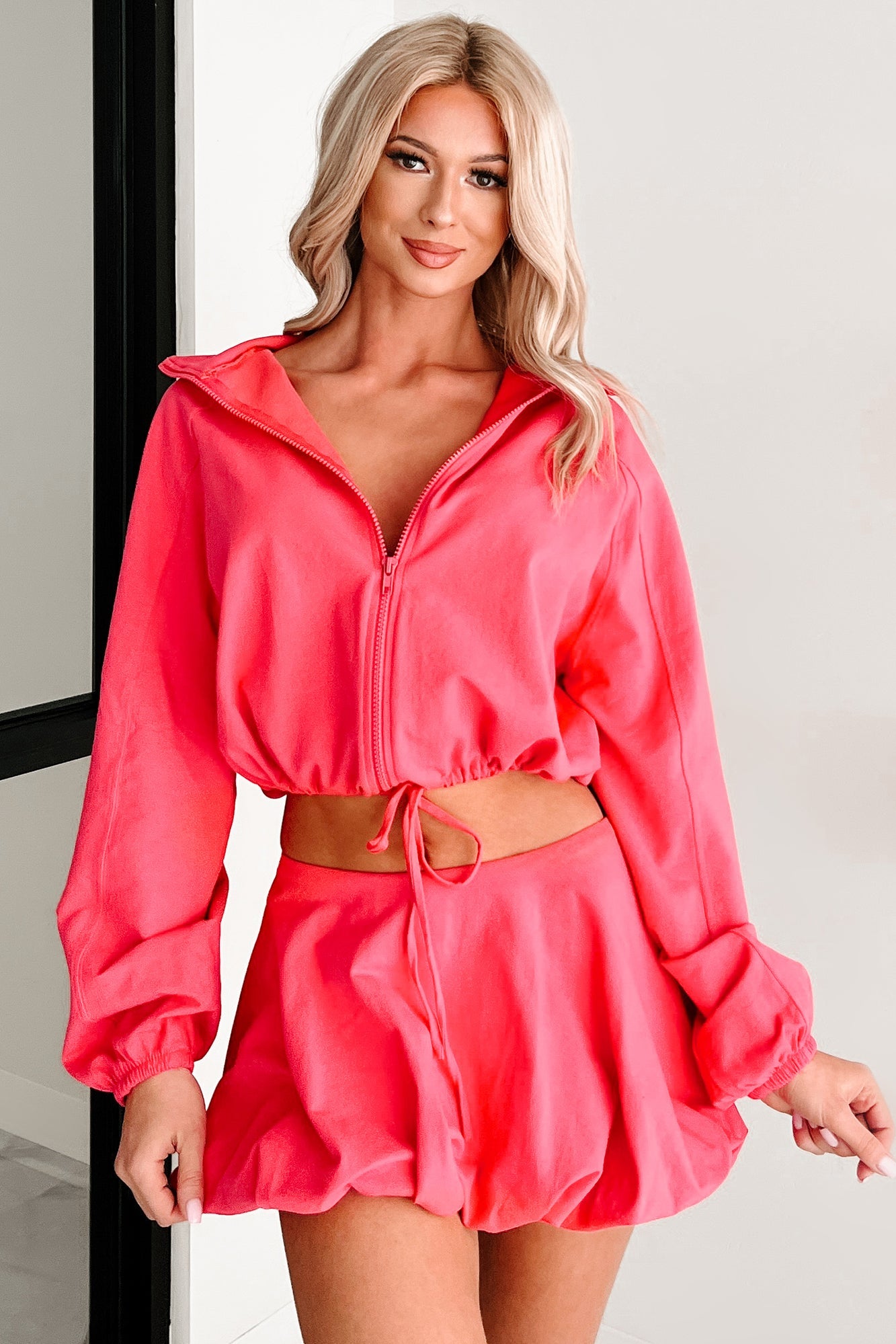 Relax, Recharge, Repeat Two-Piece Puff Skirt Set (Coral)