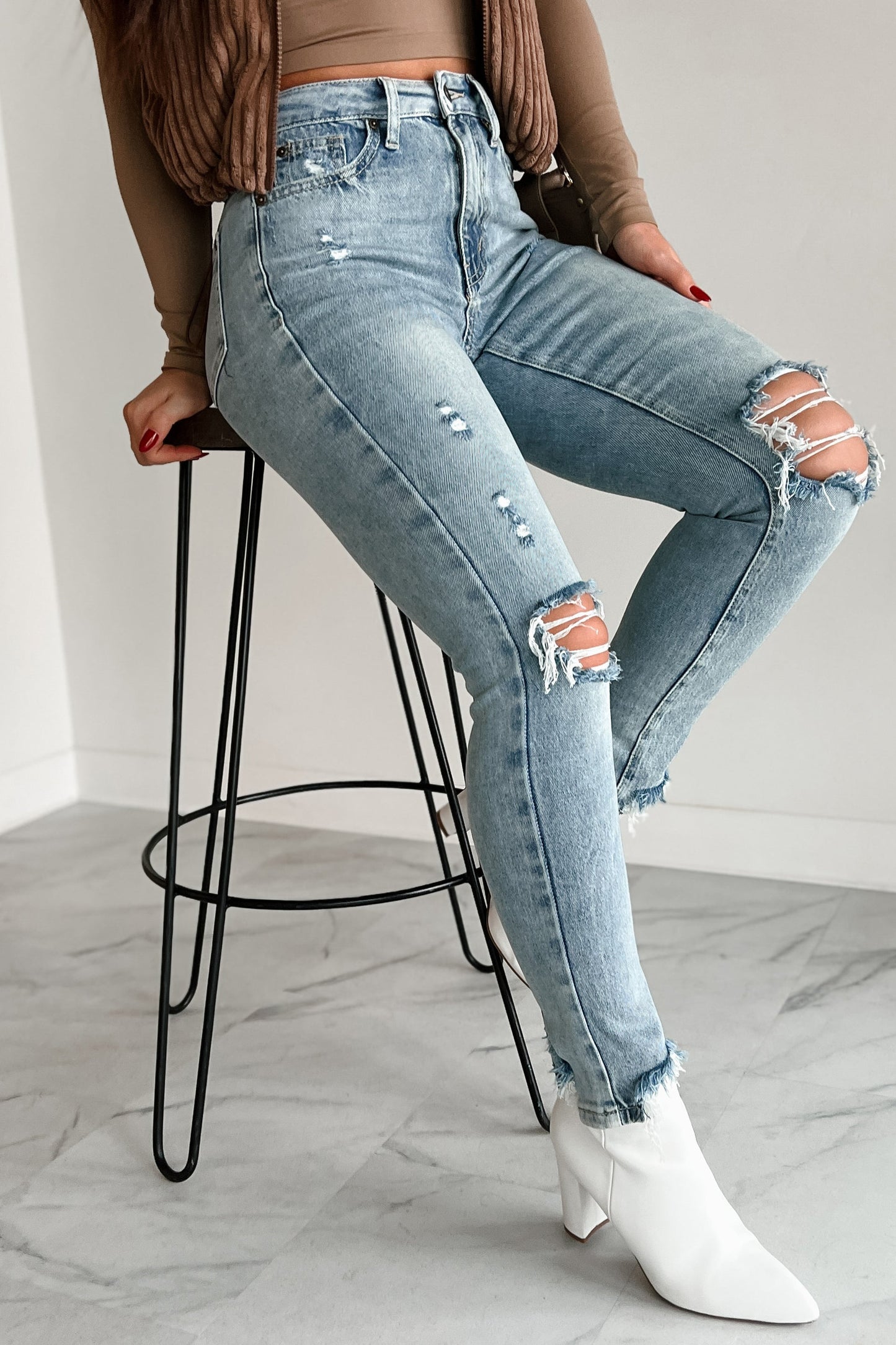 Vince High Rise Distressed Special A Slim Straight Jeans (Medium Light)