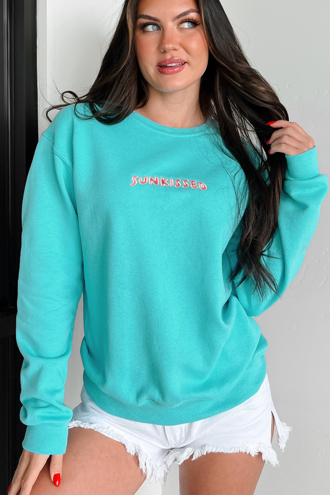 Suitably Sunkissed Embroidered Sweatshirt (Teal)