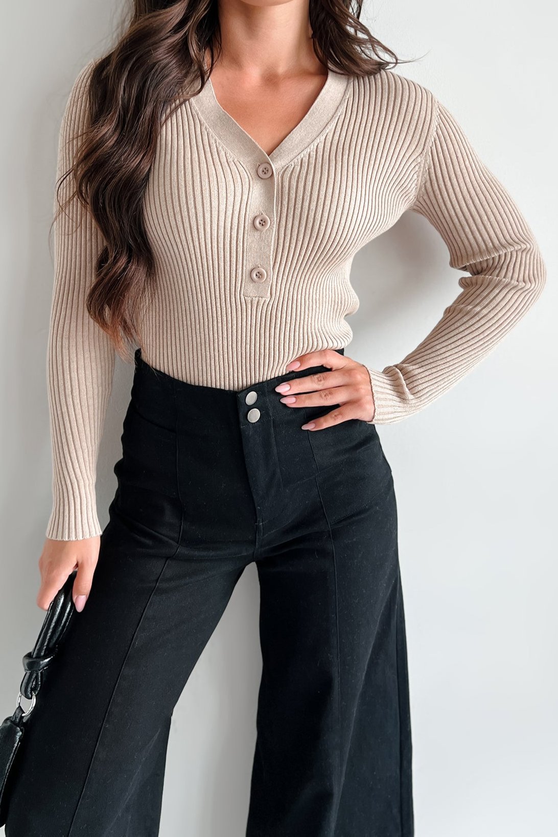 Tula Button Detail Ribbed Sweater Top (Oatmeal)