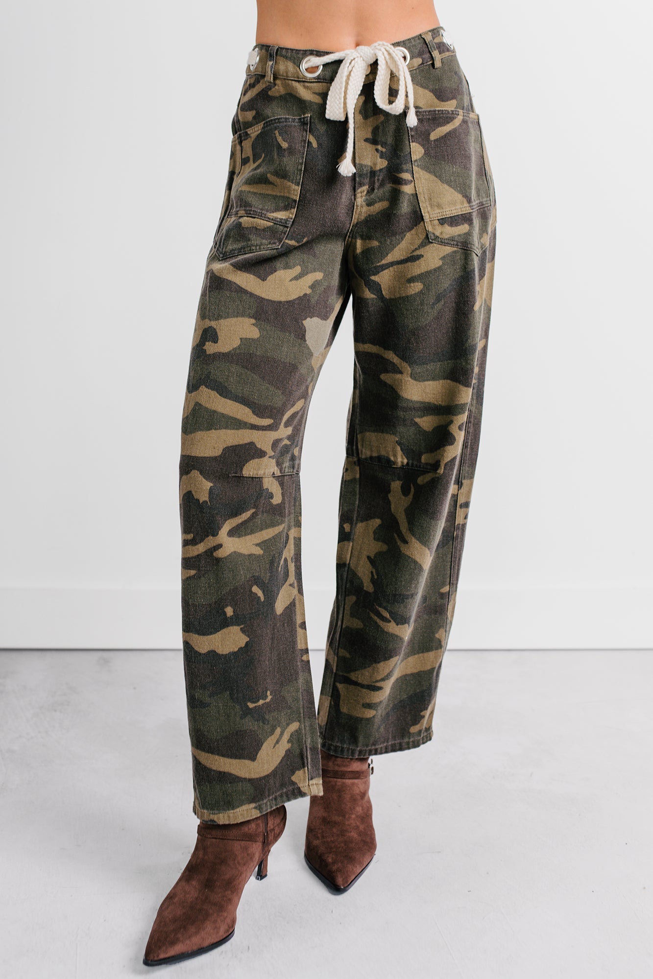 Think Of Me Denim Waist Tie Wide Leg Pants (Camo)