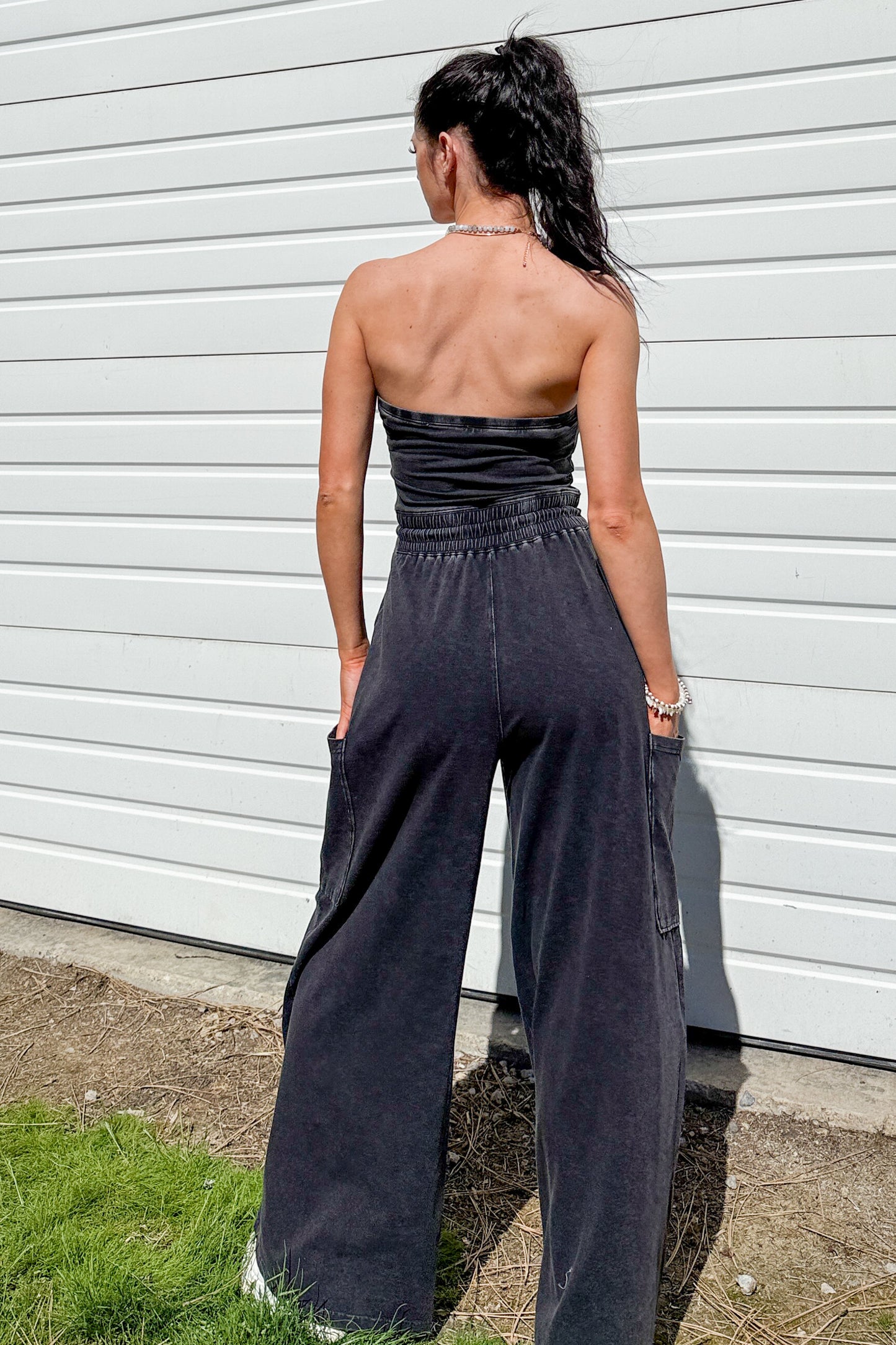 Weekend Uniform Strapless Mineral Wash Jumpsuit (Black)