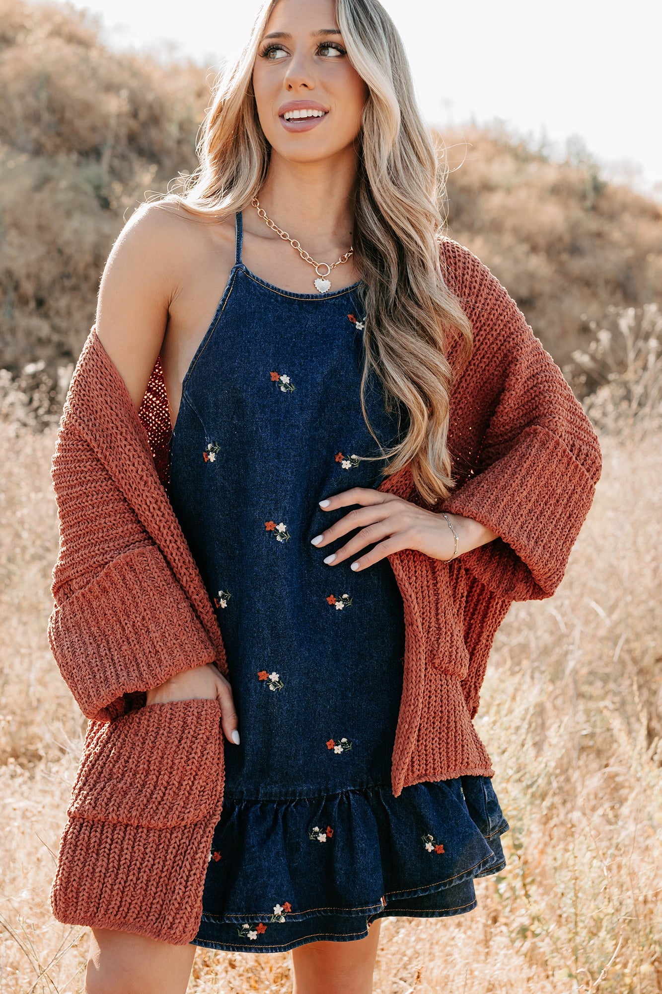Quiet Times Cuffed Sleeve POL Cardigan (Brick)
