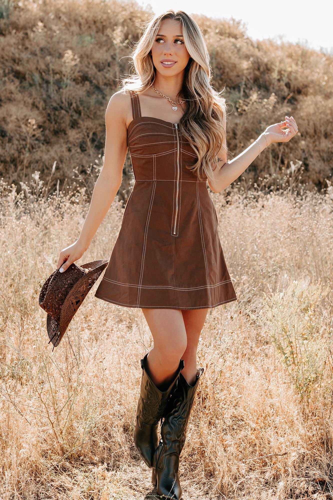 Soulful Gazes Sleeveless Denim Mini Dress (Mocha)