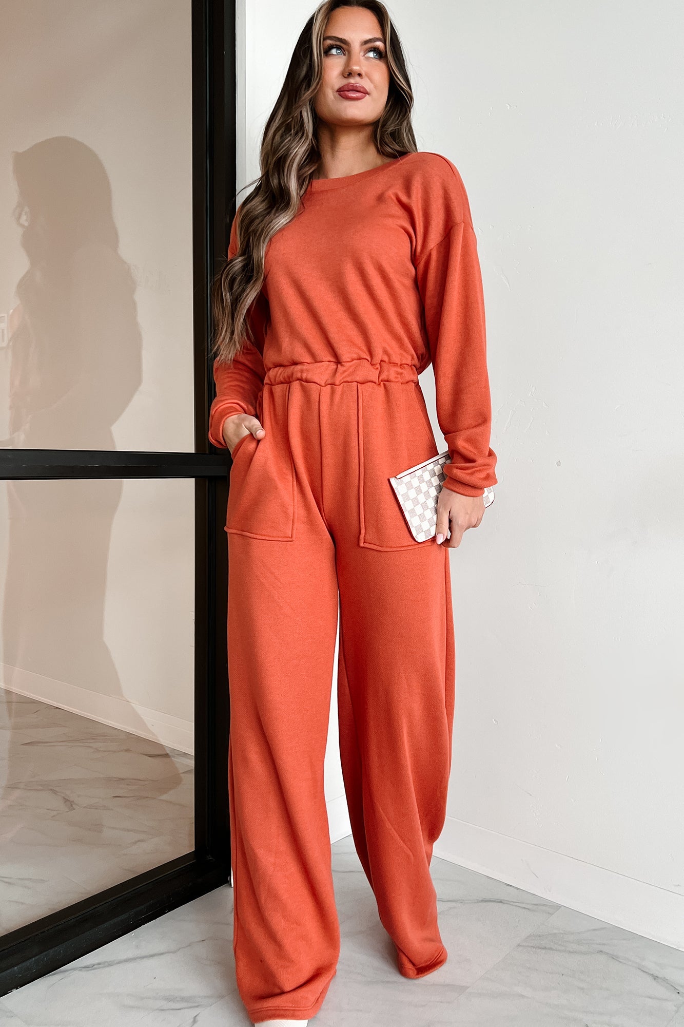 Plausible Deniability Long Sleeve Wide Leg Jumpsuit (Rust)