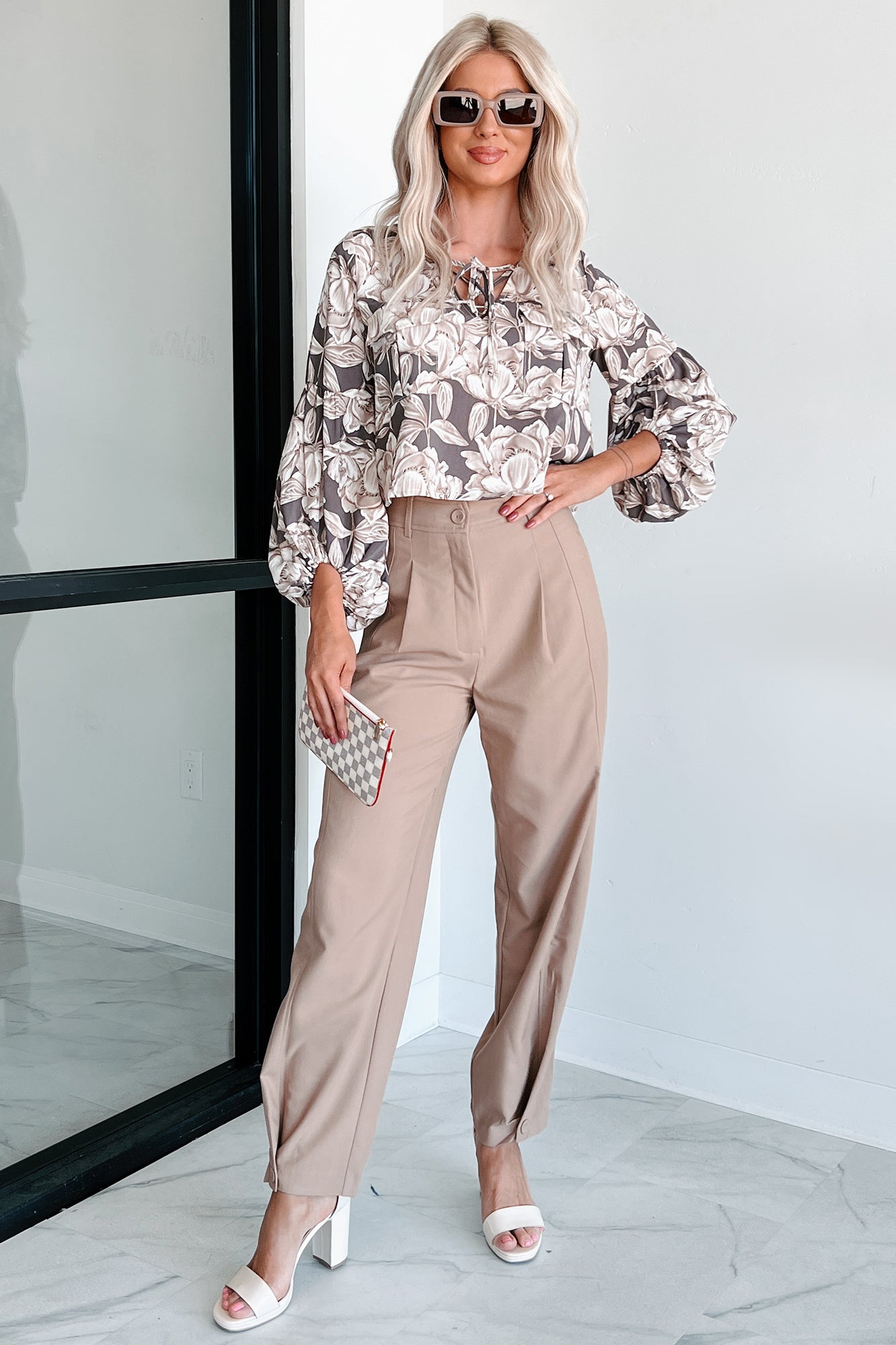 Subtle Blooms Floral Lace-Up Peasant Top (Espresso)