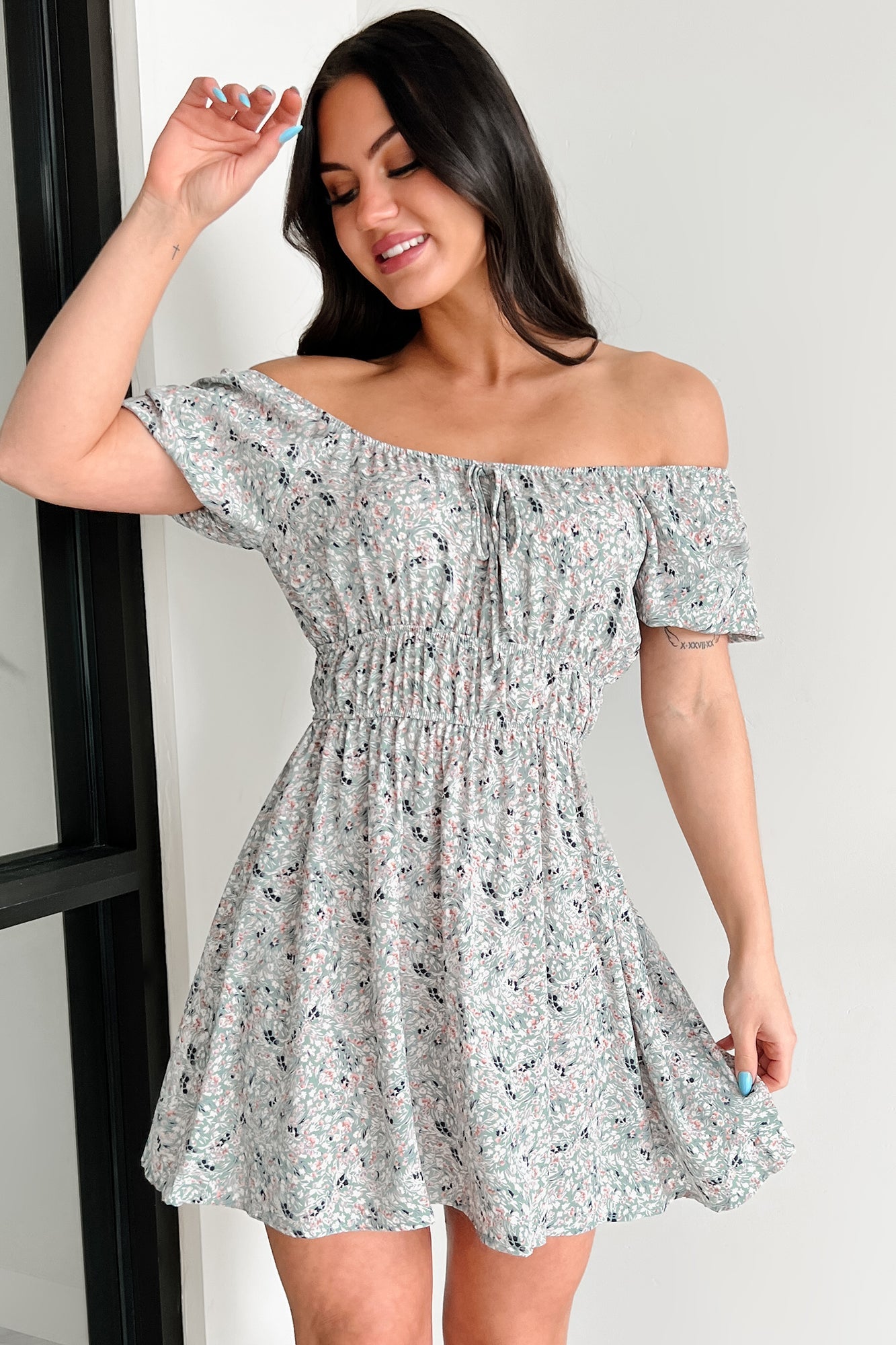 Wildflower Wish Puff Sleeve Floral Mini Dress (Sage/Multi)