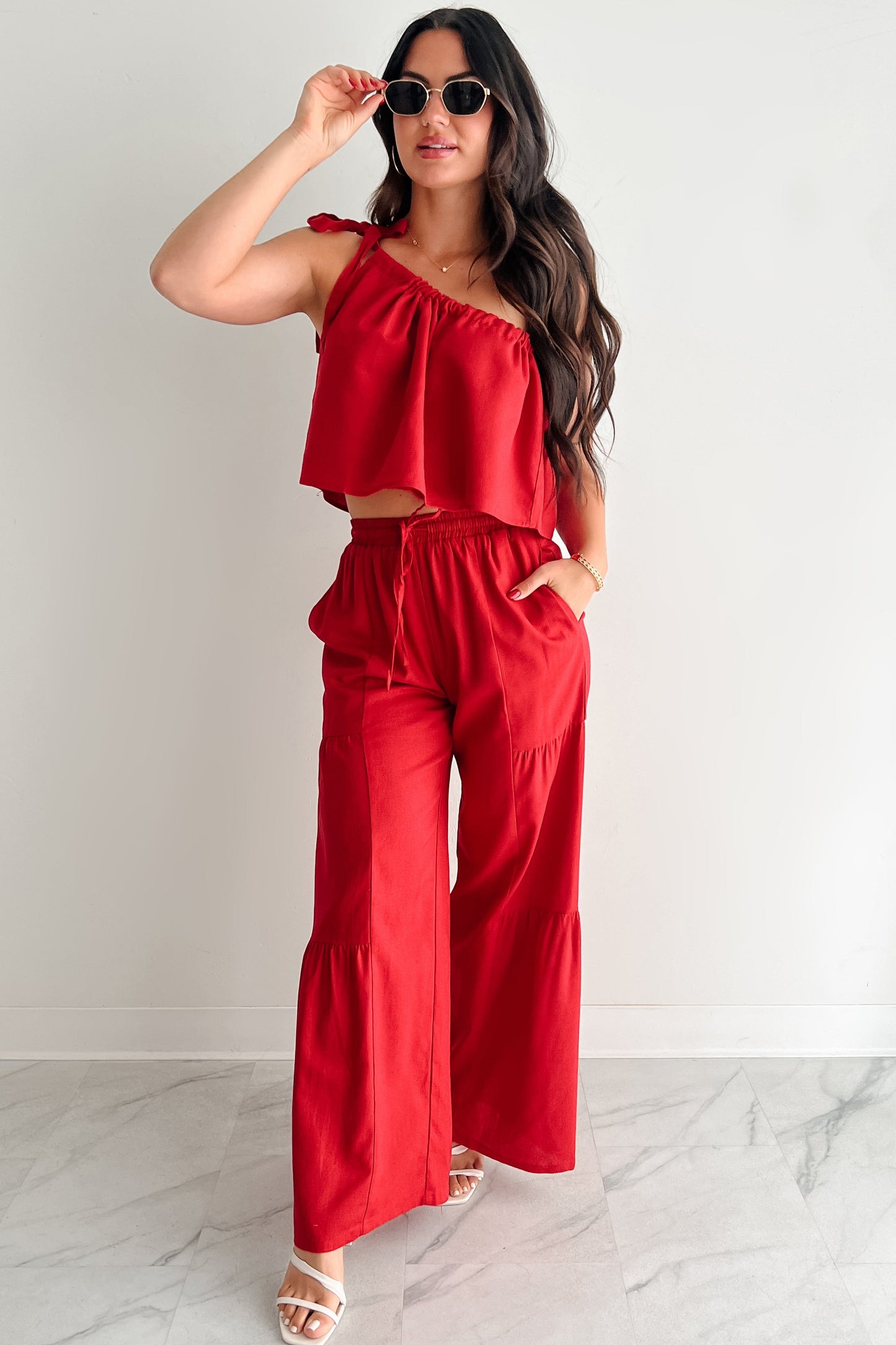 Real Karma Tiered Linen Pants (Red)