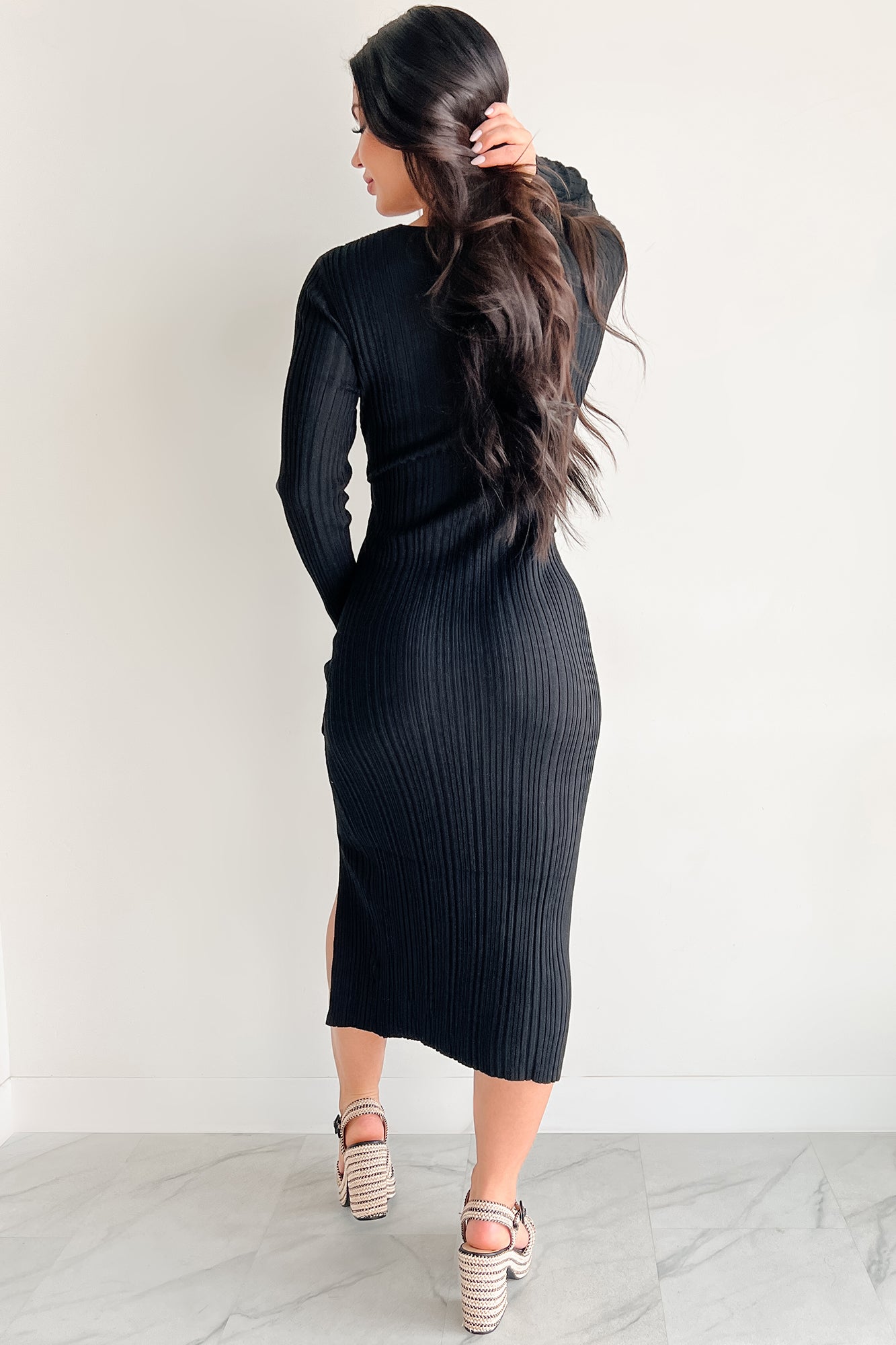 Sunday Brunch Ribbed Long Sleeve Maxi Dress (Black)