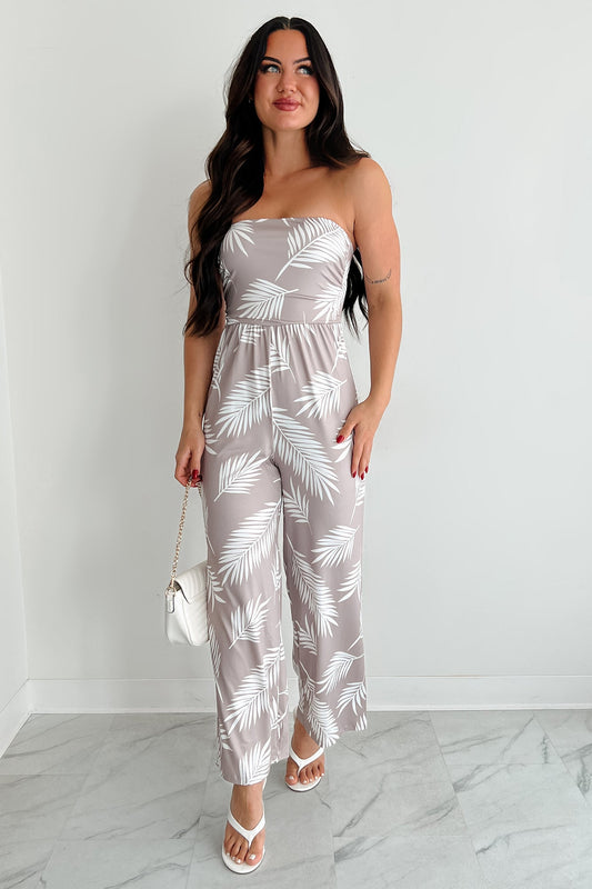 Palm Plans Strapless Leaf Print Jumpsuit (Taupe)