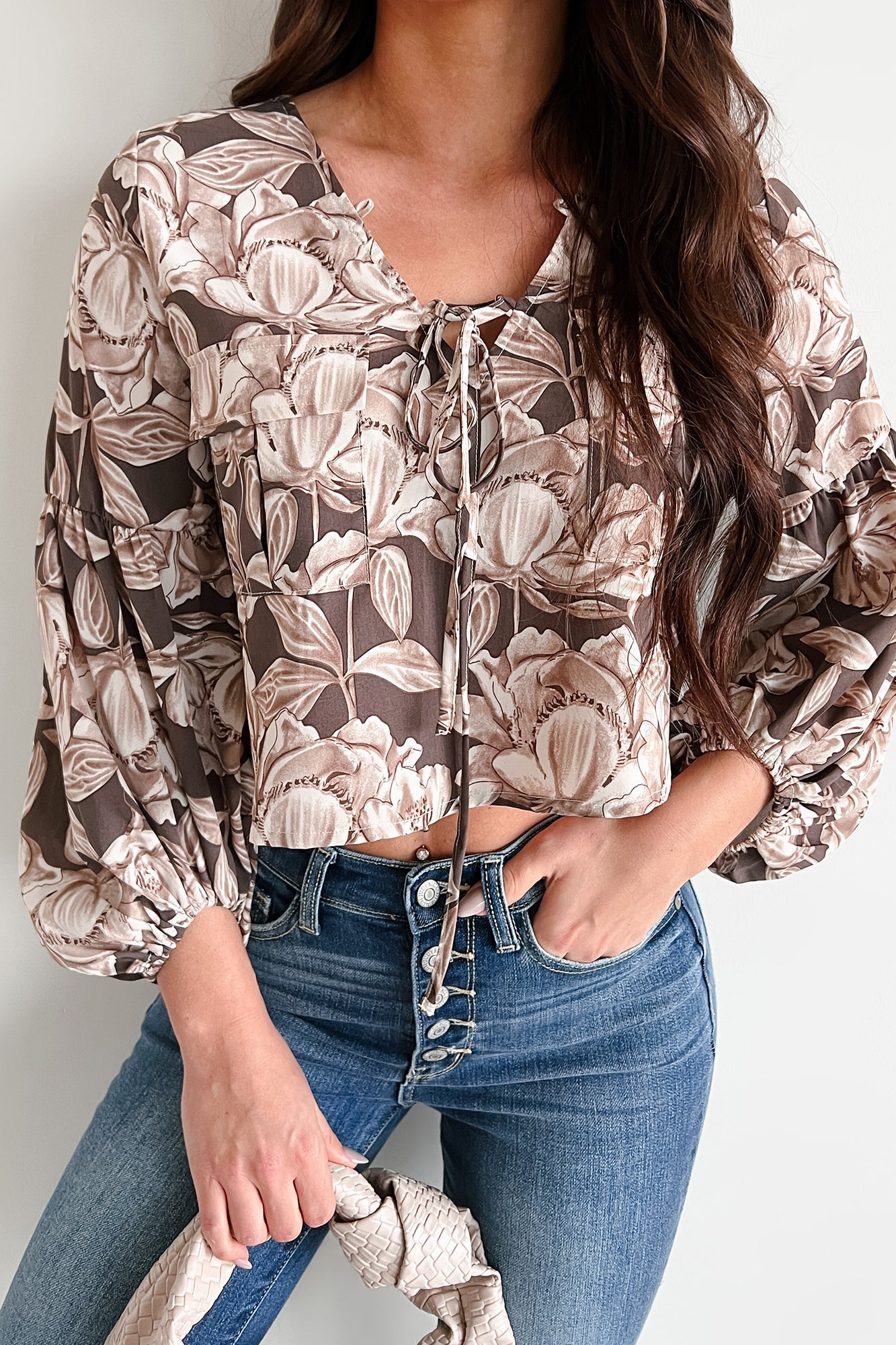 Subtle Blooms Floral Lace-Up Peasant Top (Espresso)