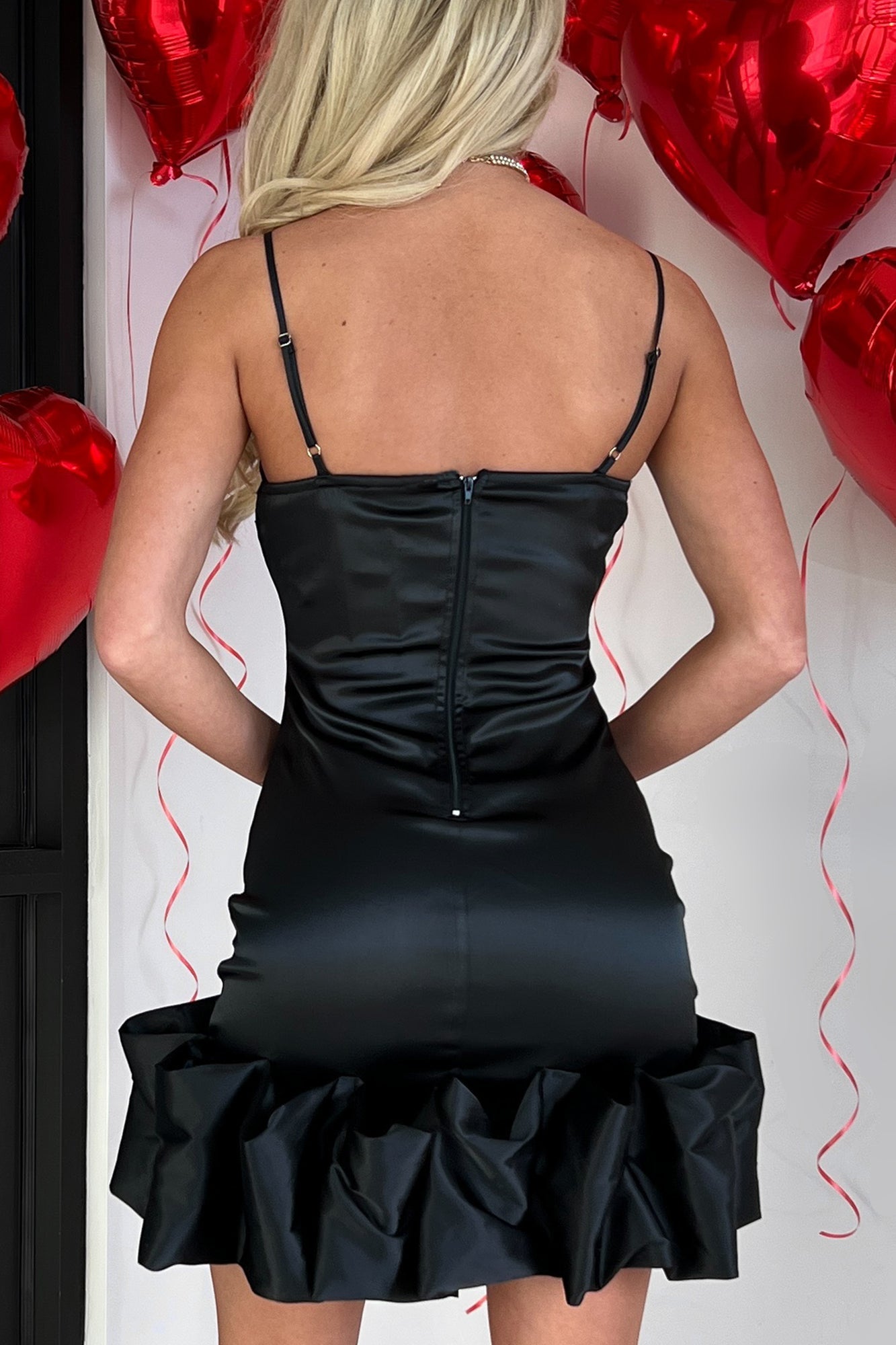 VIP Situation Ruffled Hem Satin Mini Dress (Black)