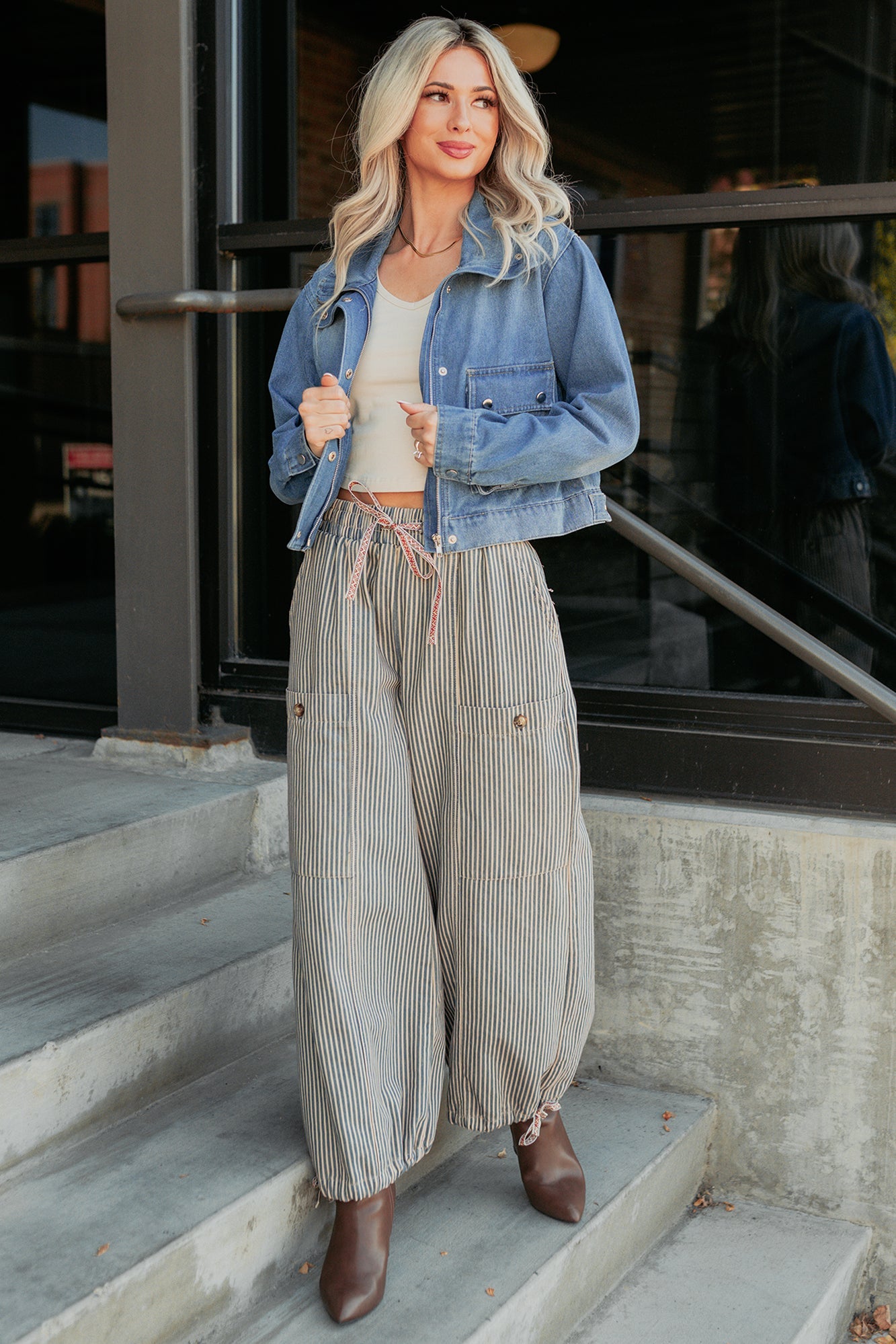Restless Heart Striped Wide Leg Drawstring Pants (Latte)