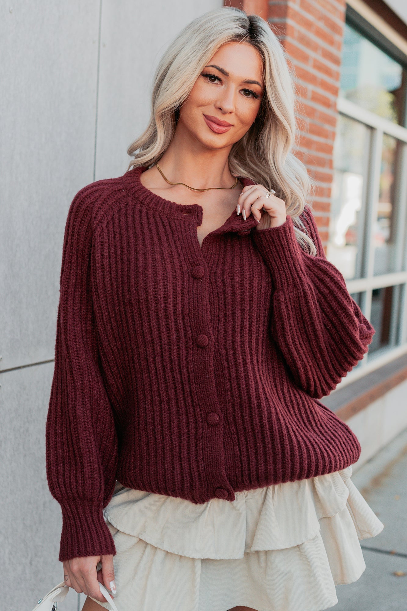 Right Thing Knit Raglan Sleeve Cardigan (Wine)