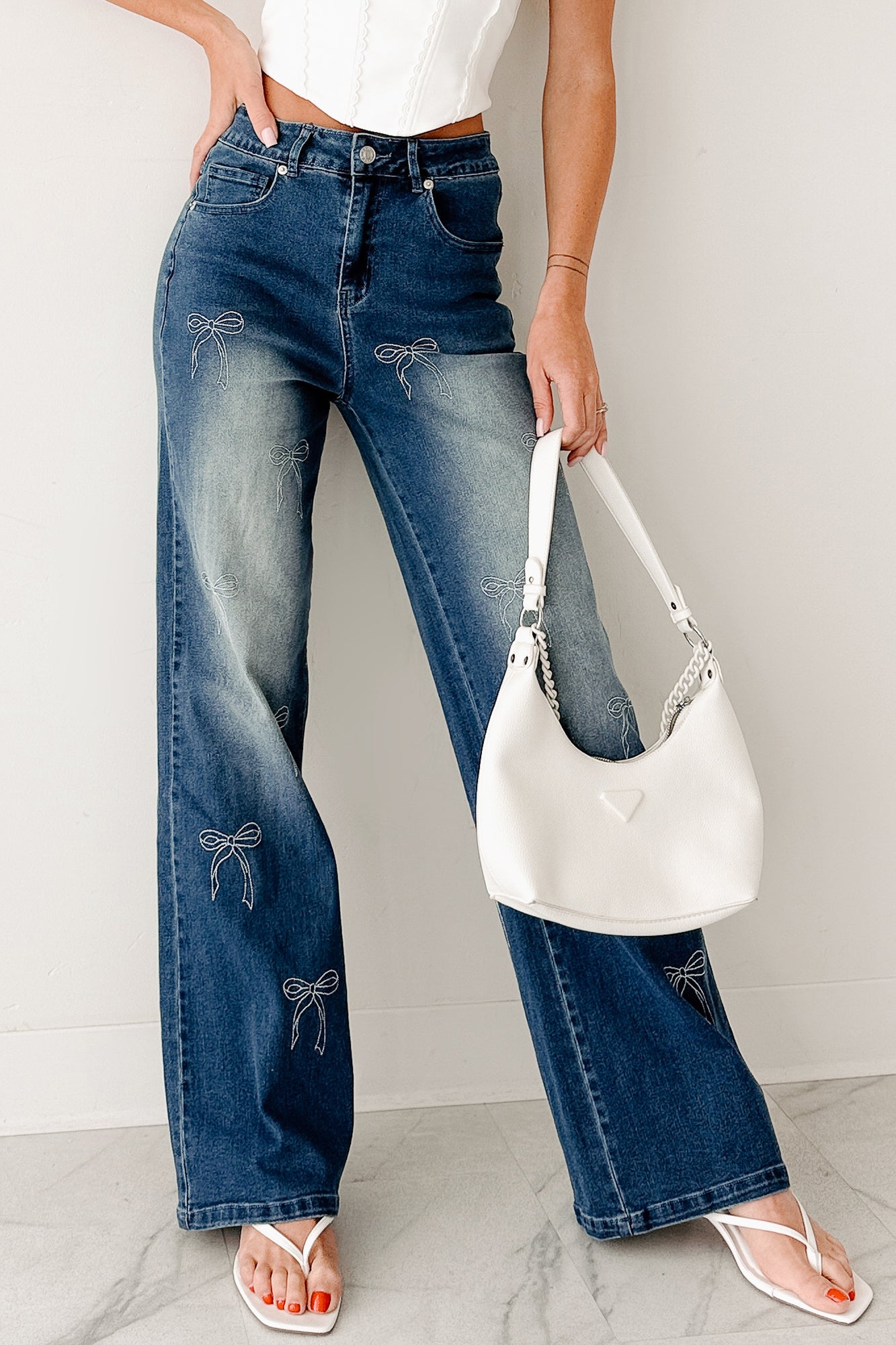 Soft & Sweet High Rise Straight Leg Bow Jeans (Med Wash)