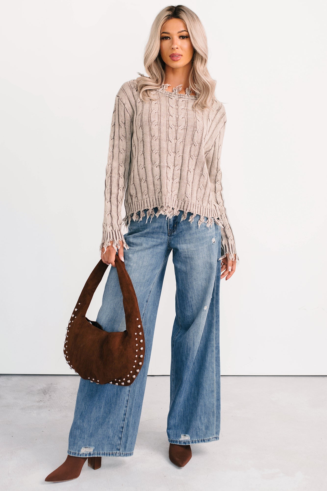Unwritten Future Cable Knit Fringe Zenana Sweater (Mocha)