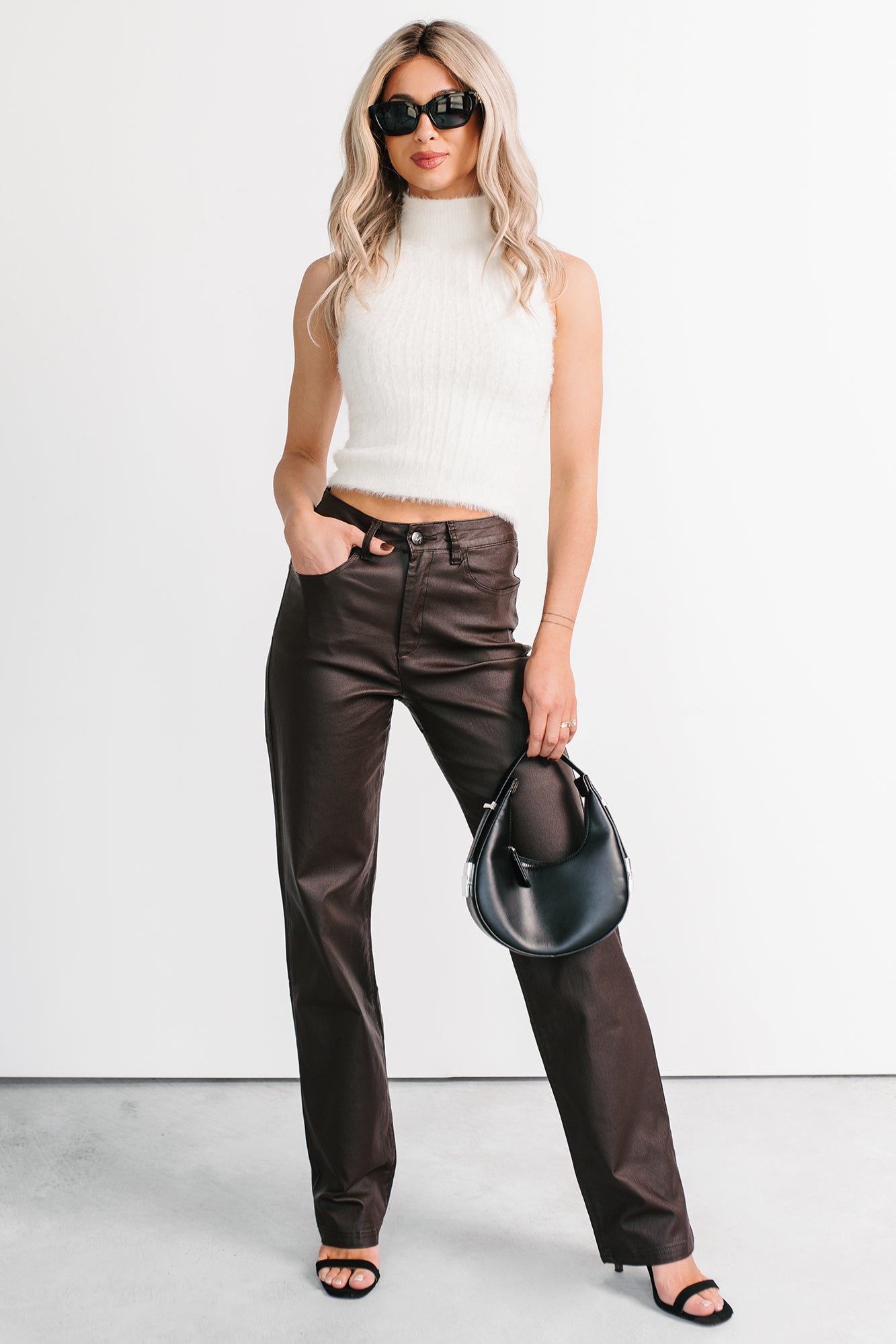Truett Straight Leg Faux Leather Pants (Dark Brown)
