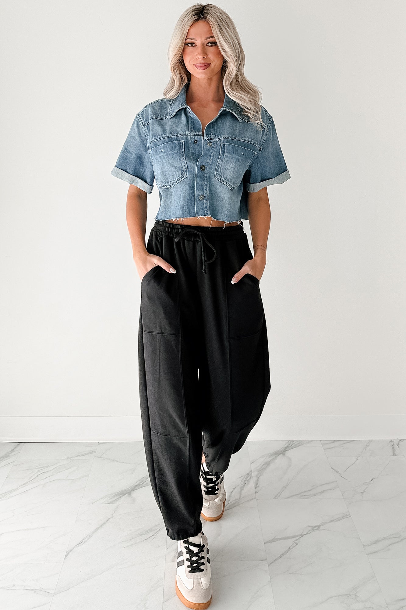 Out & About Short Sleeve Denim Crop Top (Medium)