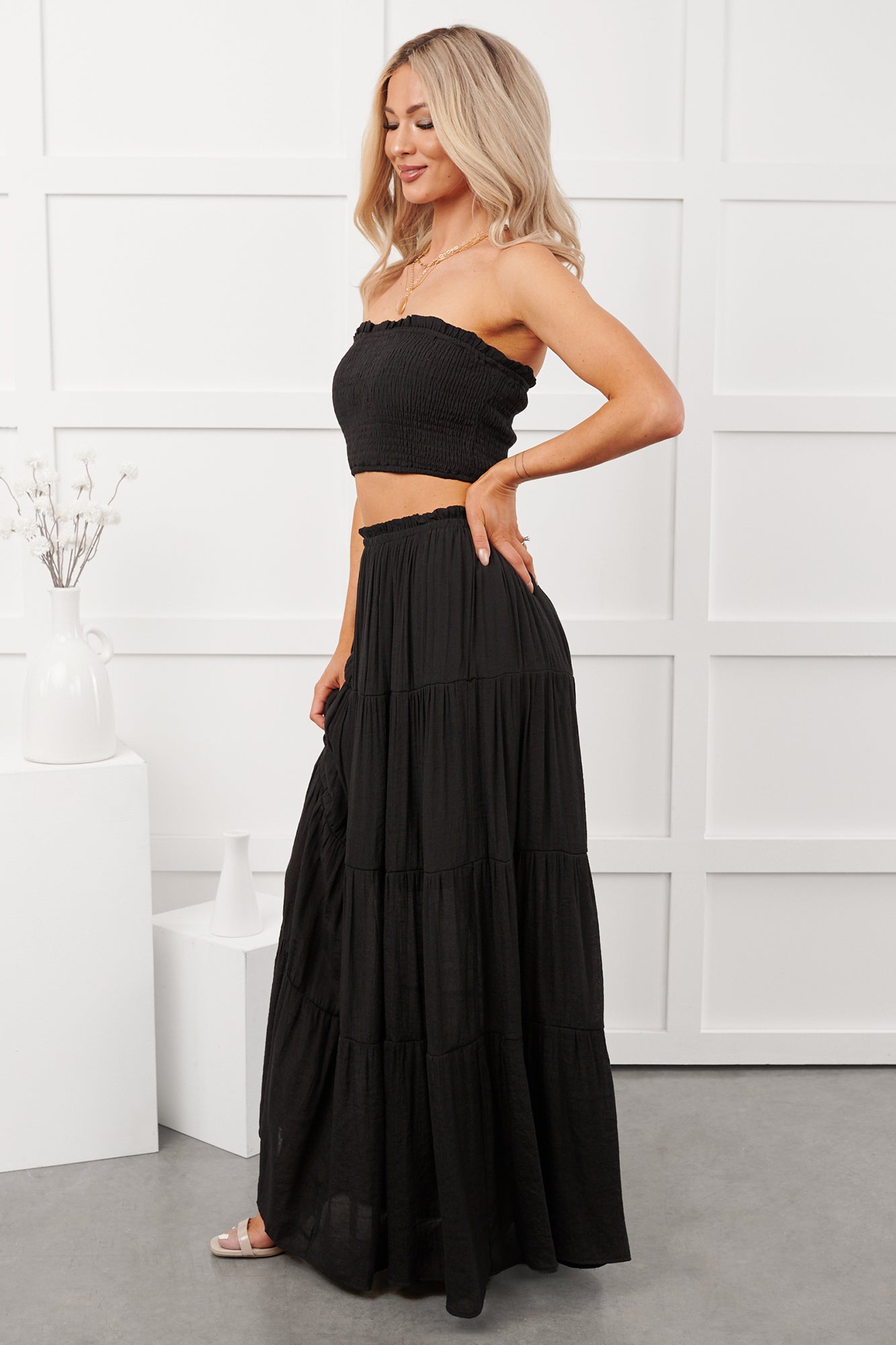 Stay Simple Smocked Bandeau & Maxi Skirt Set (Black)