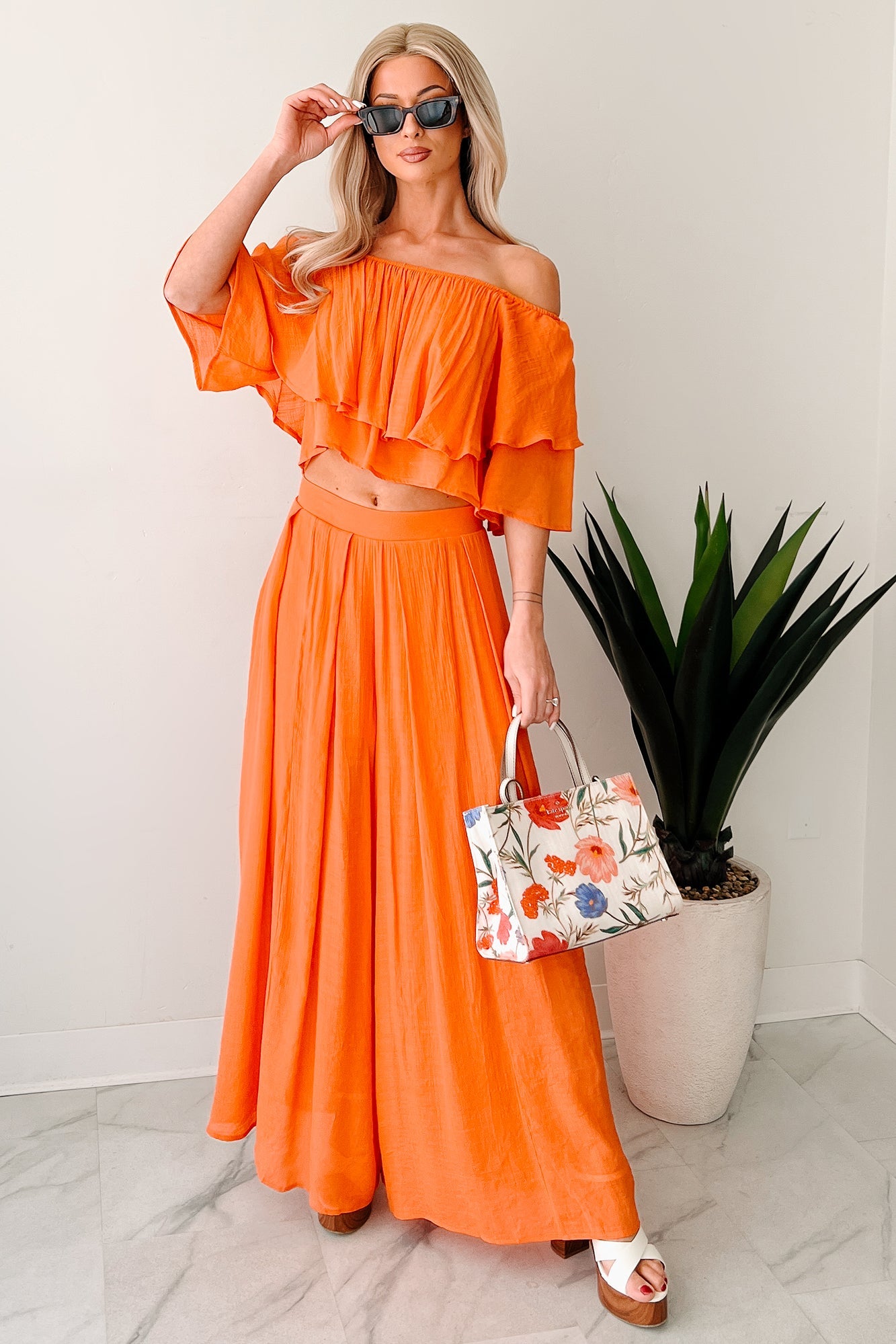 Stay Grounded Off Shoulder Flowy Pant Set (Orange)