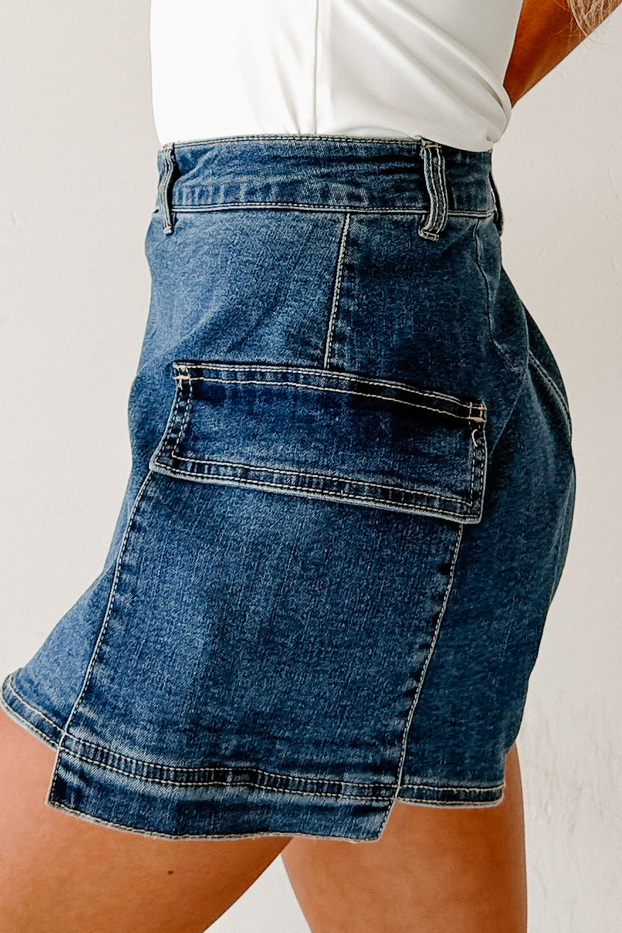 Wait For Me Cargo Denim Wrap Skort (Blue)