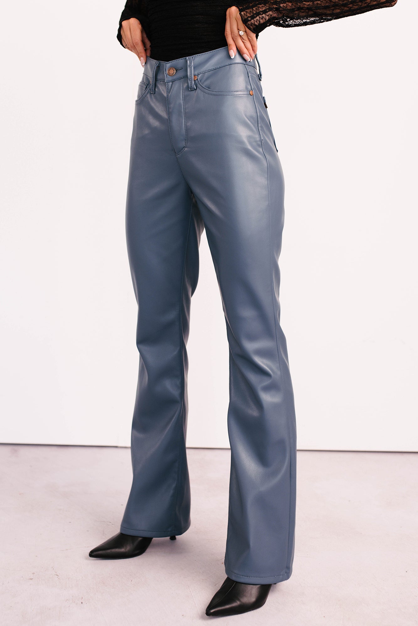 Vibe & Glow Faux Leather Judy Blue Bootcut Pants (Blue)