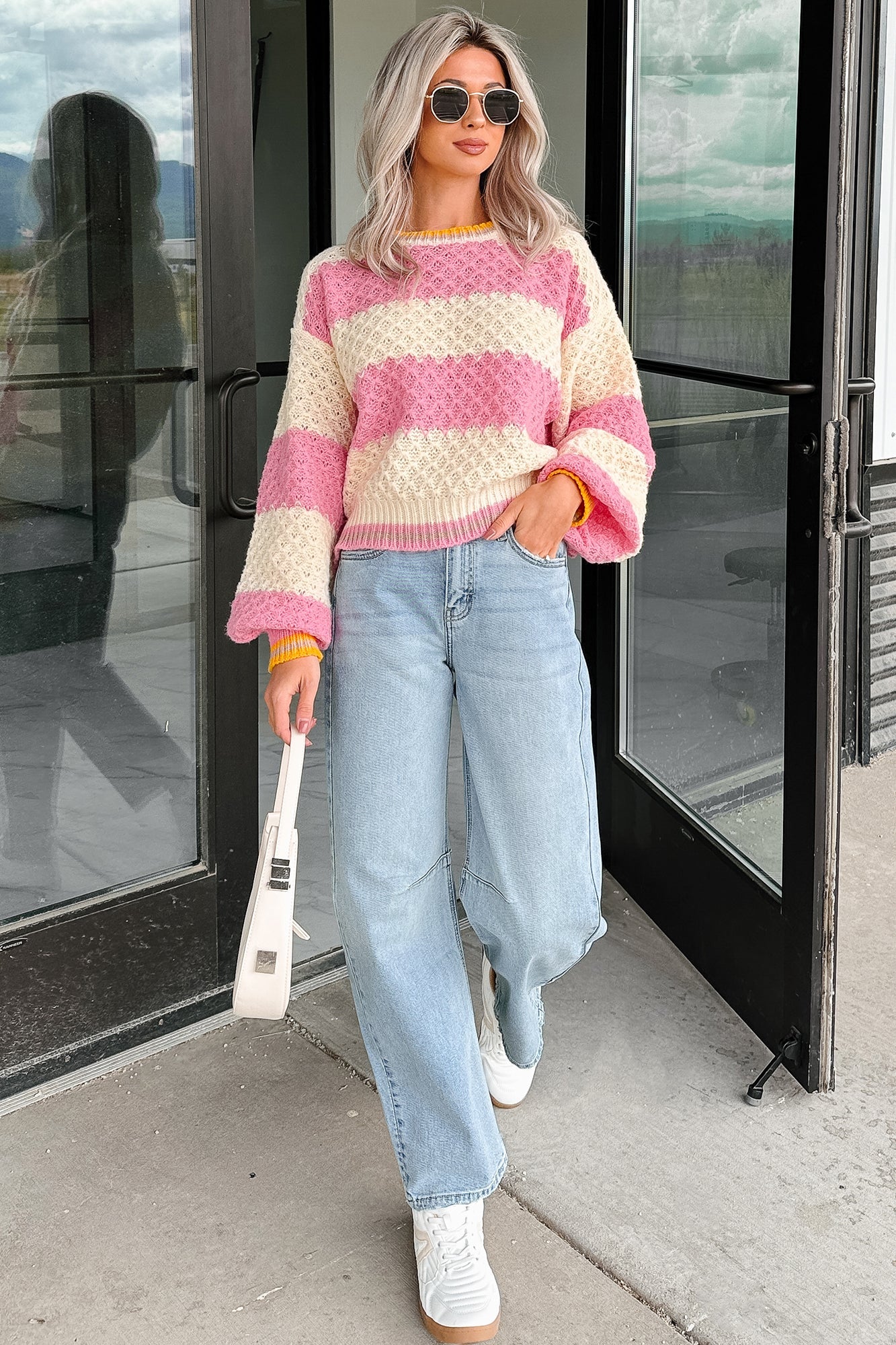 Warm Whispers Striped Crochet Knit POL Sweater (Pink)