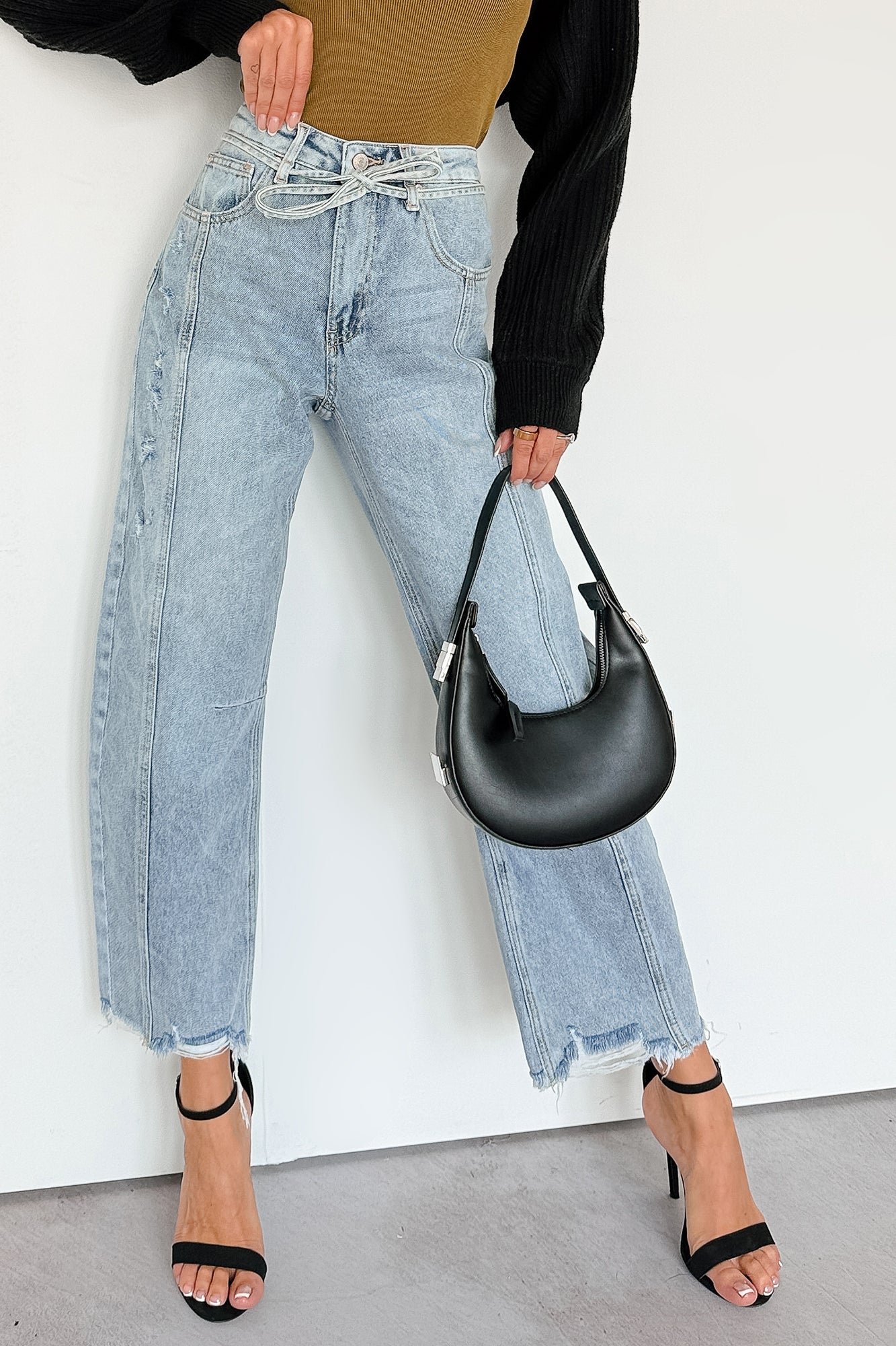 Solara High Rise Waist Tie Saige Denim Barrel Jeans (Light Wash)
