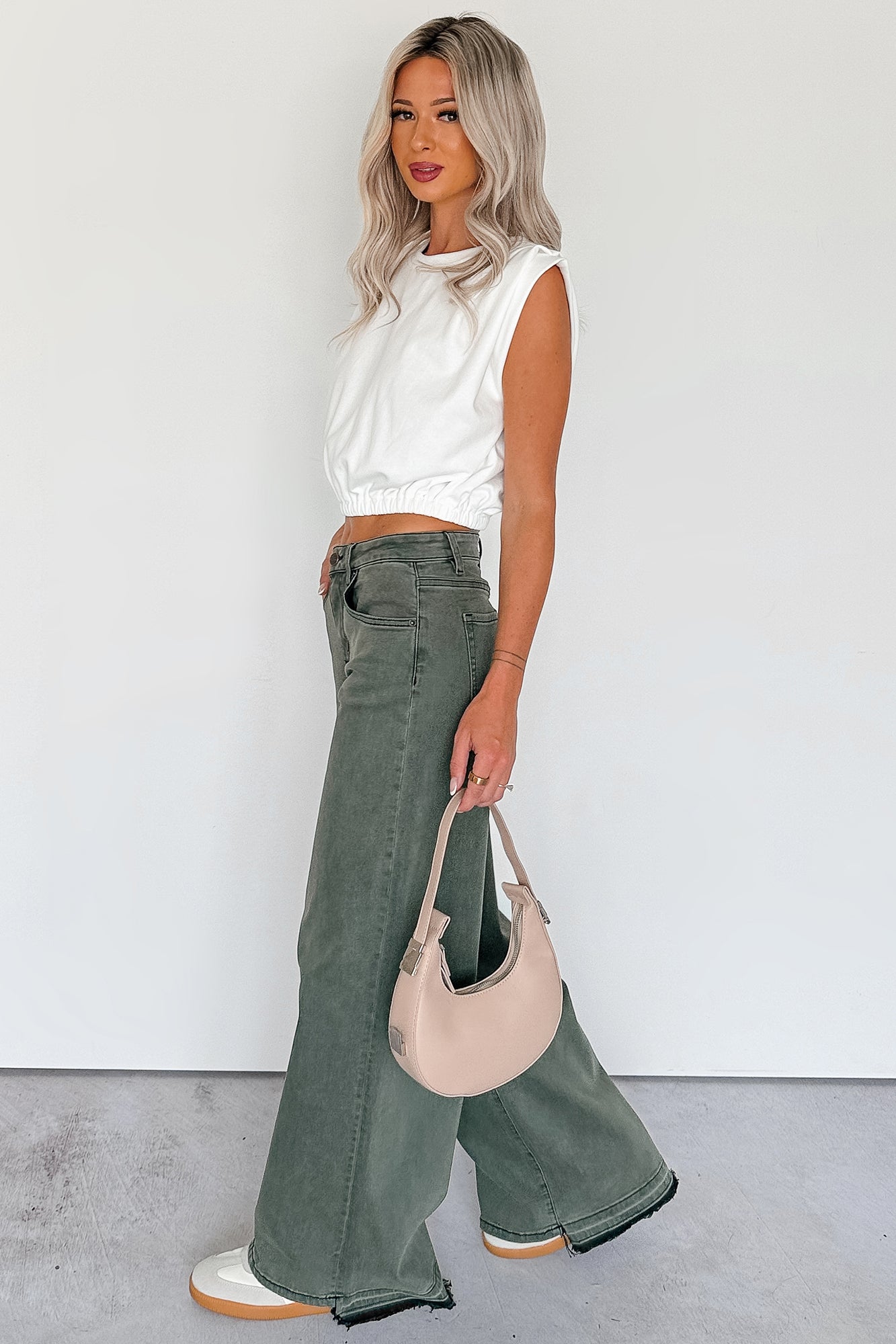 Valencia High Rise Wide Leg Mica Denim Jeans (Dark Green)