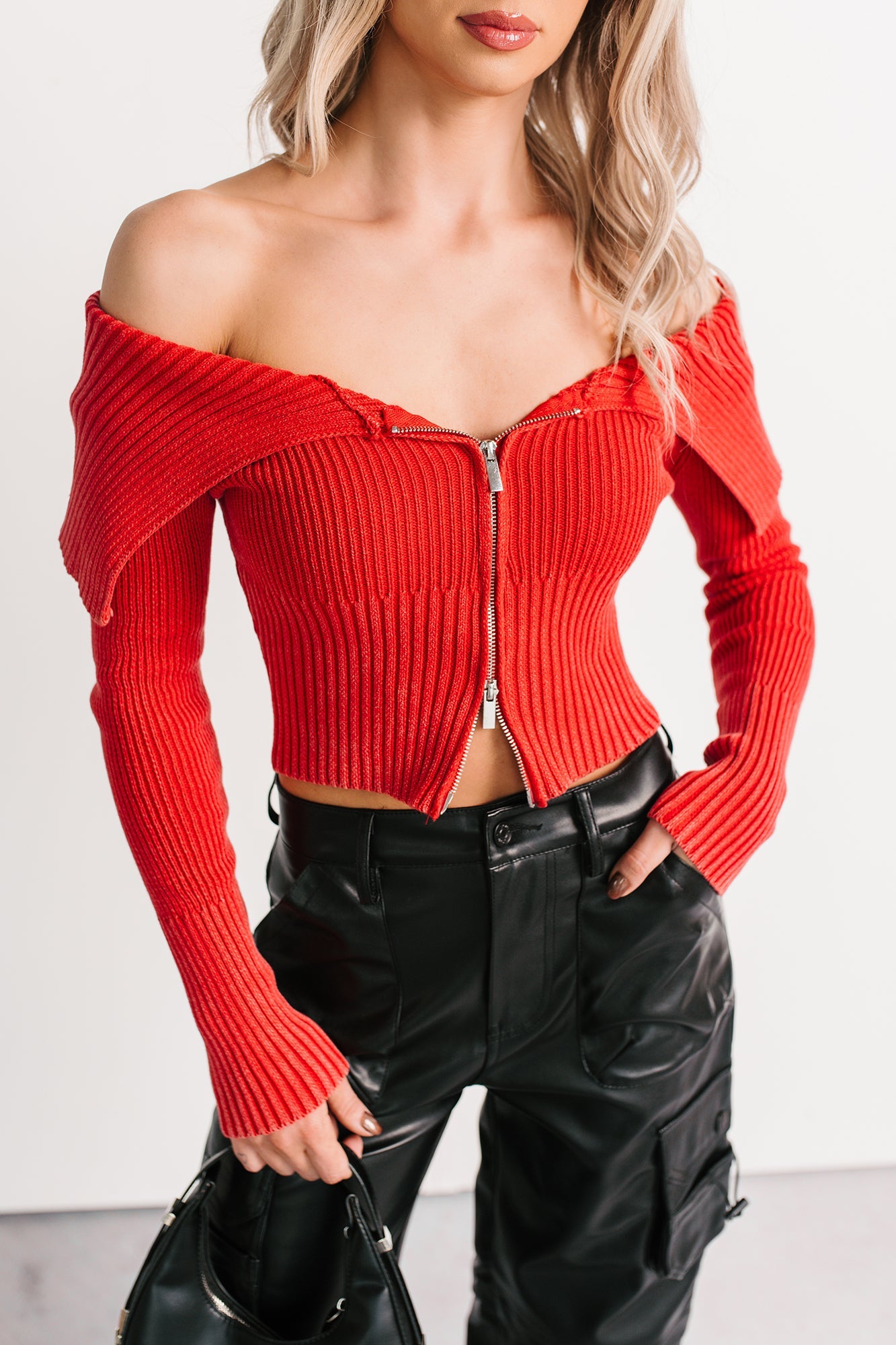 Sweet Spell Off The Shoulder Zip-Up Sweater (Red)