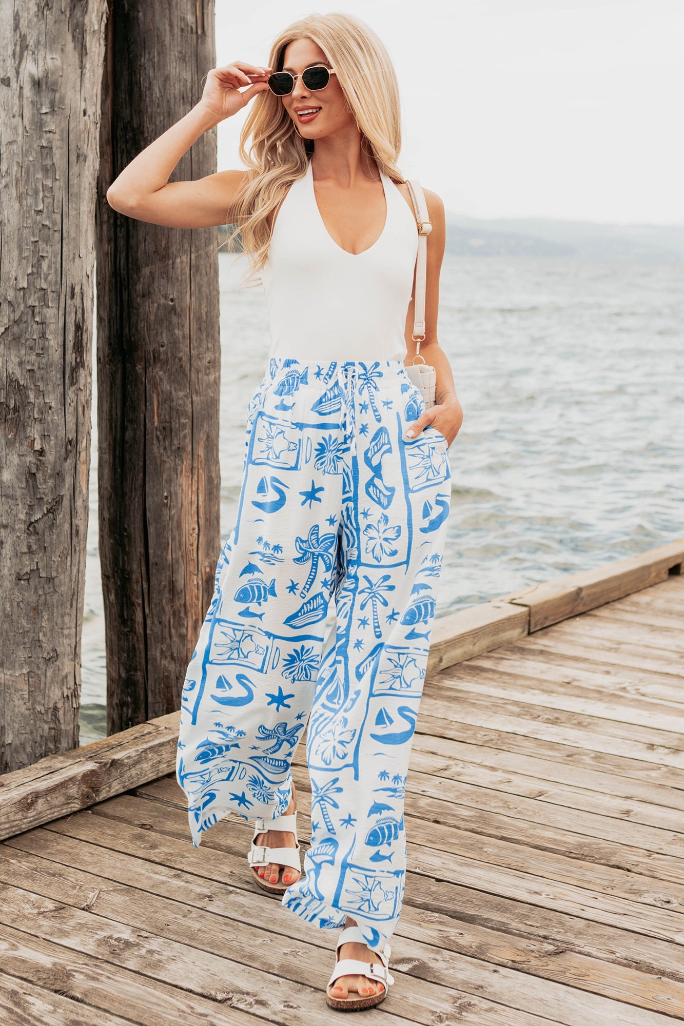 Saltwater Serenade Tropical Pattern Wide Leg Pants (Blue)
