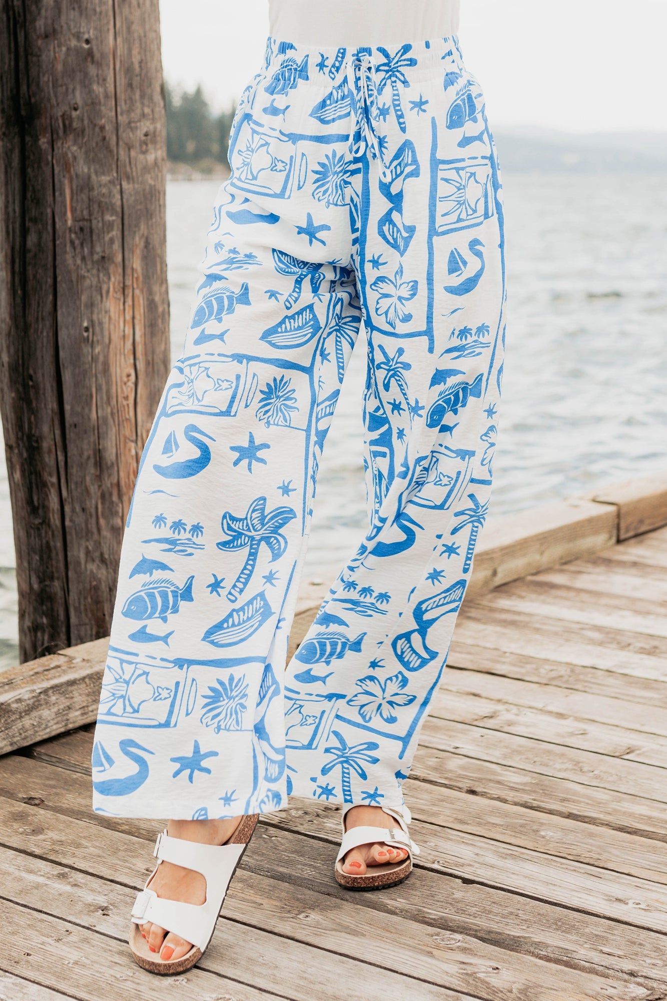 Saltwater Serenade Tropical Pattern Wide Leg Pants (Blue)
