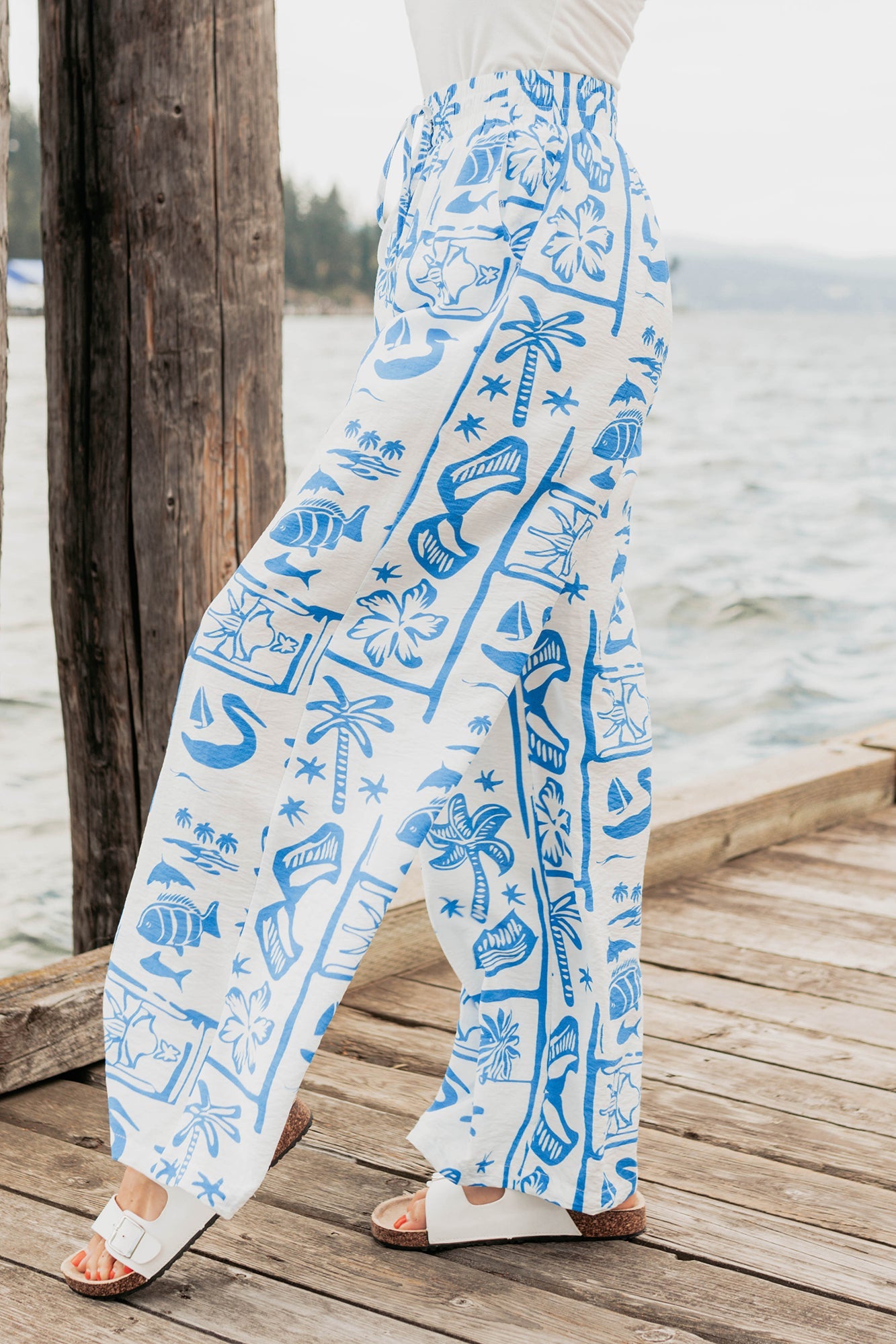 Saltwater Serenade Tropical Pattern Wide Leg Pants (Blue)