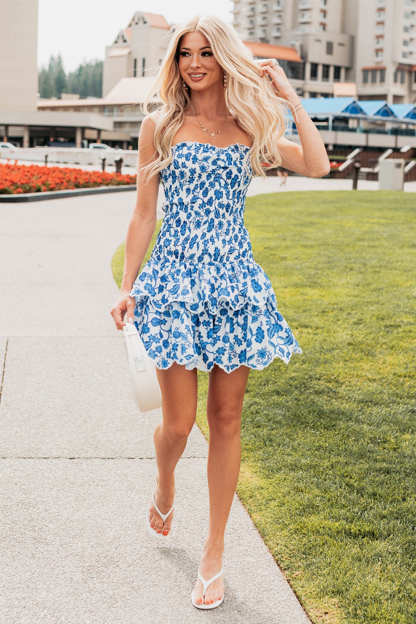Ran My Way Smocked Floral Mini Dress (White/Blue)