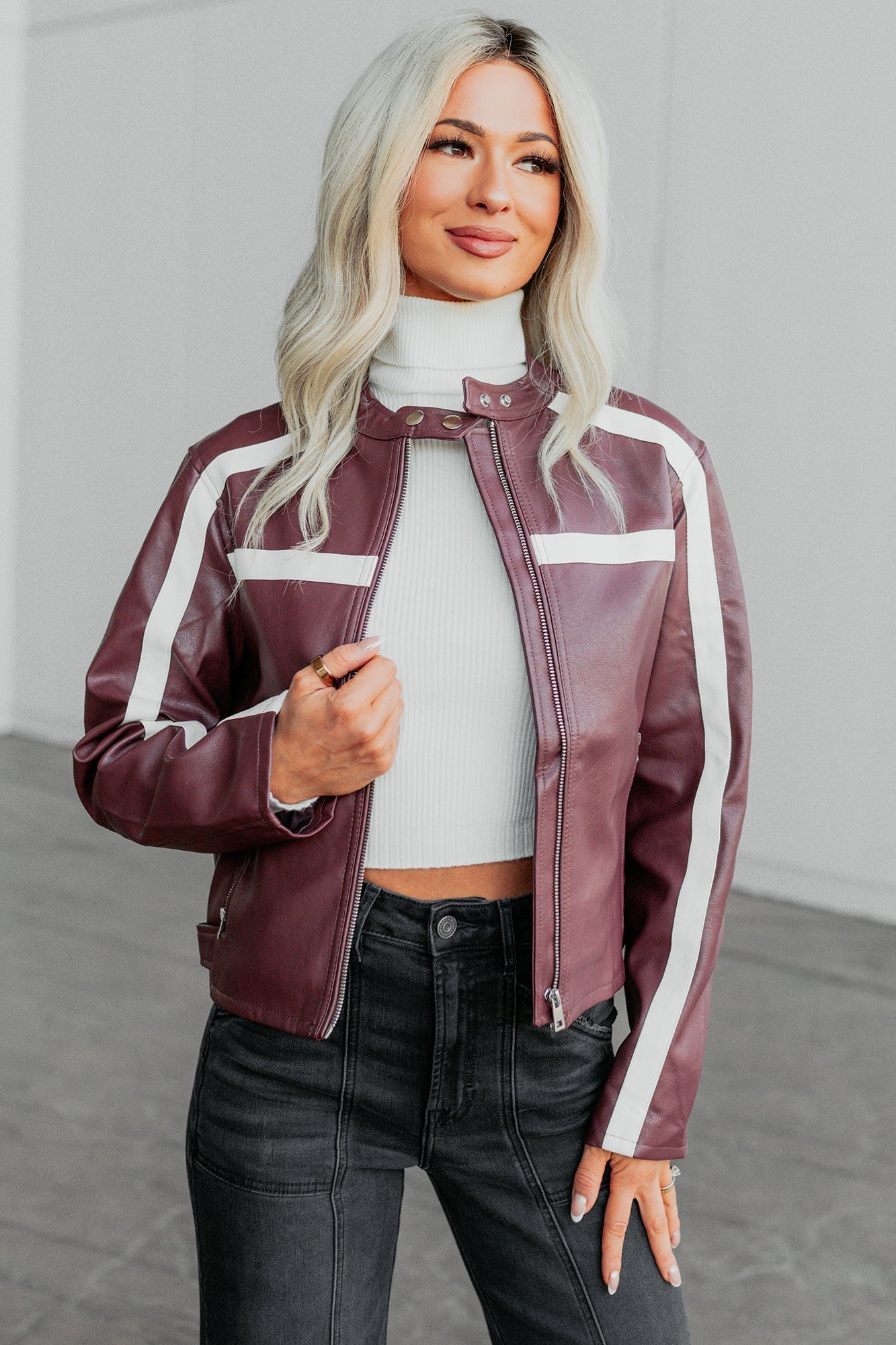 Thrill Seeker Faux Leather Racer Jacket (Burgundy)