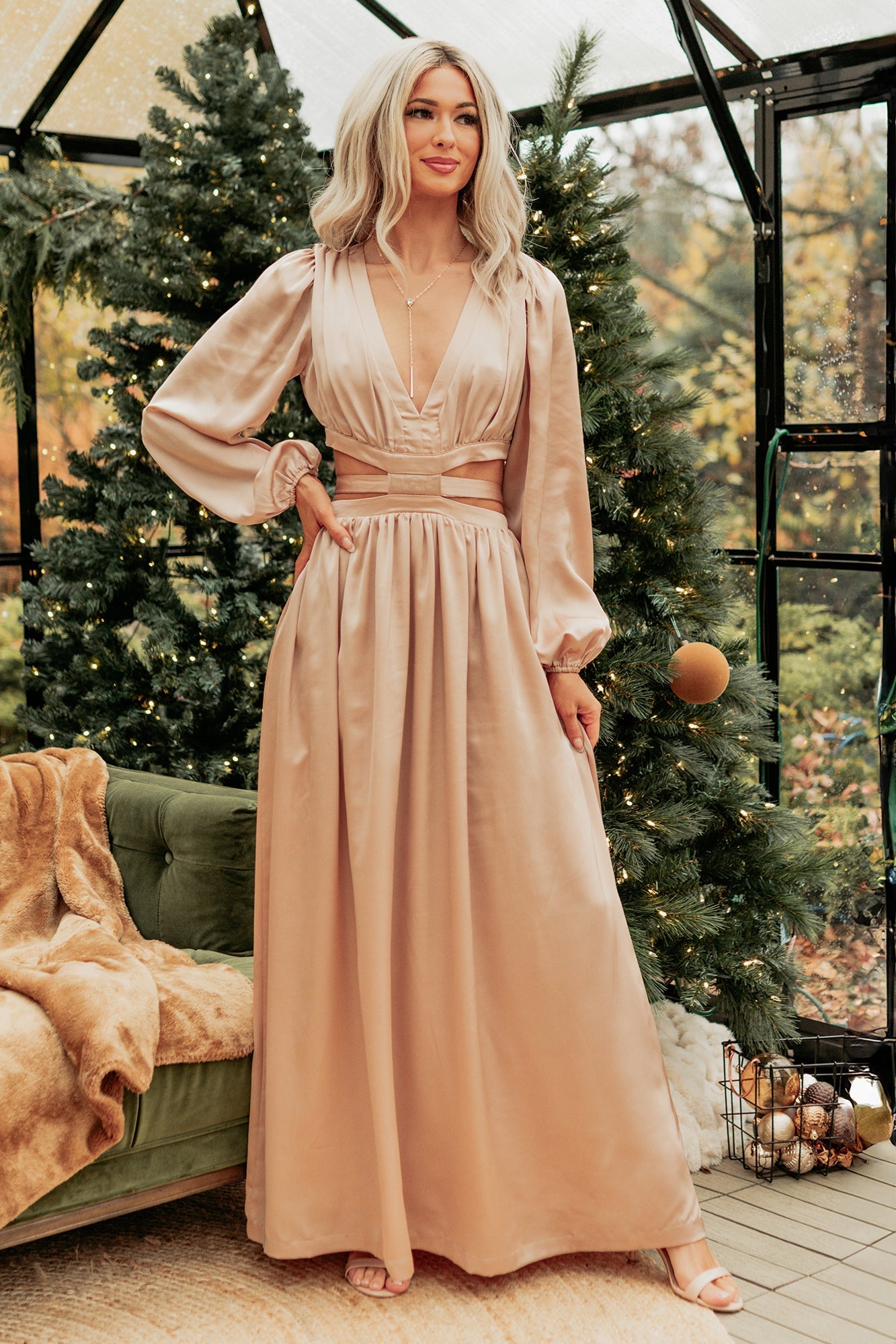 Pure Glamour Long Sleeve Satin Maxi Dress (Gold)